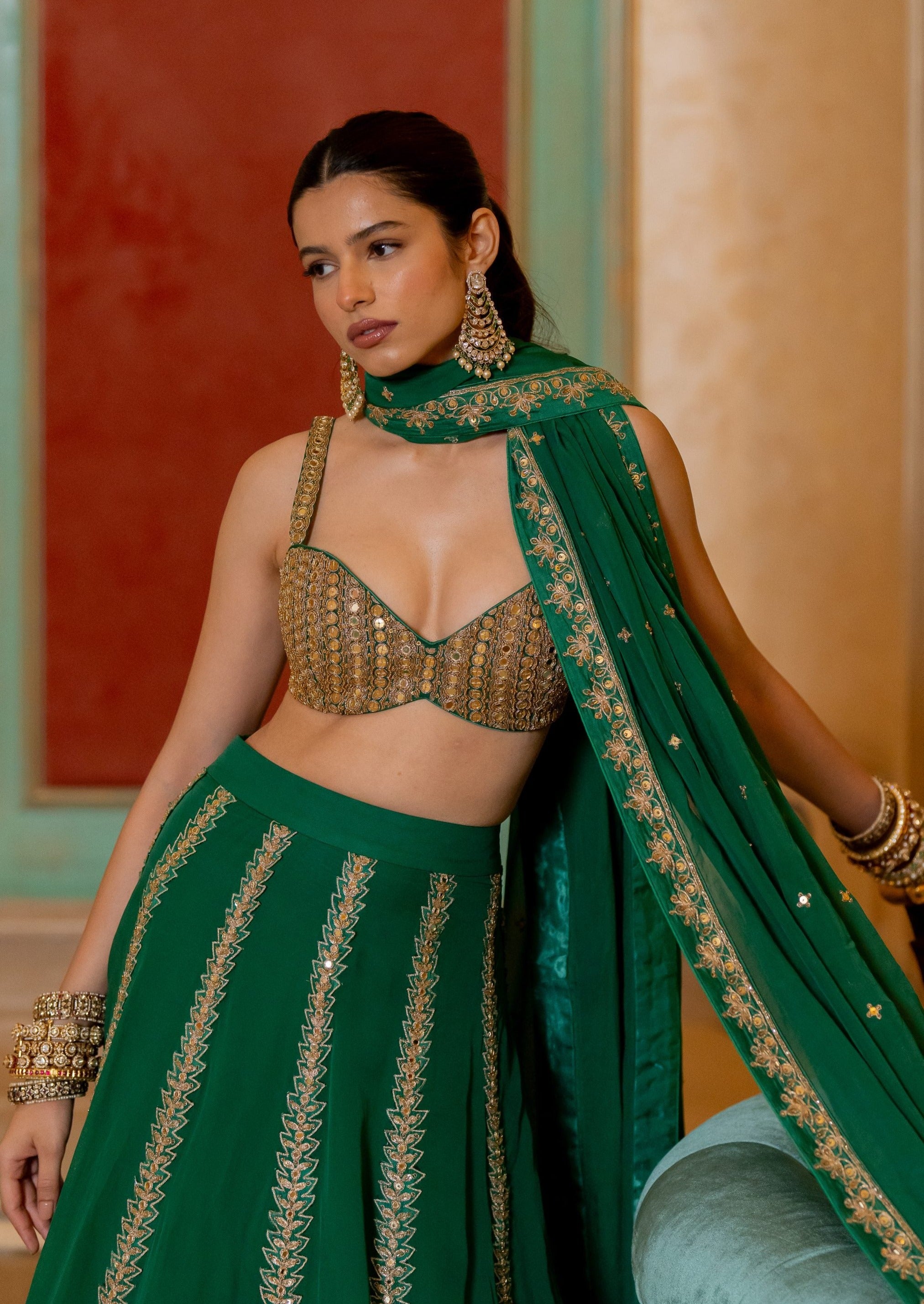 Emerald Green Mirror Lehenga Set