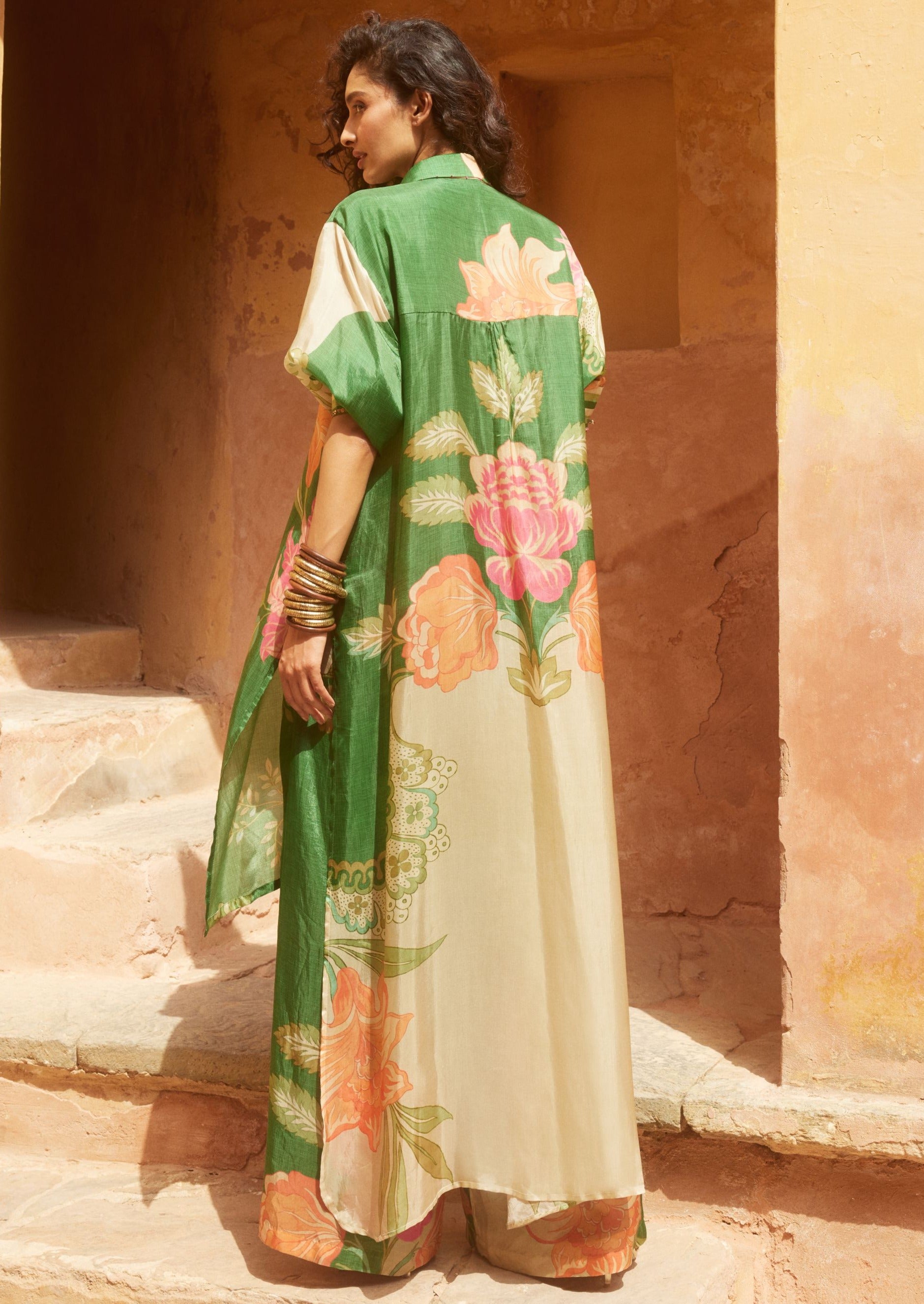 Green Multicolored Floral High-Low Kurta Set