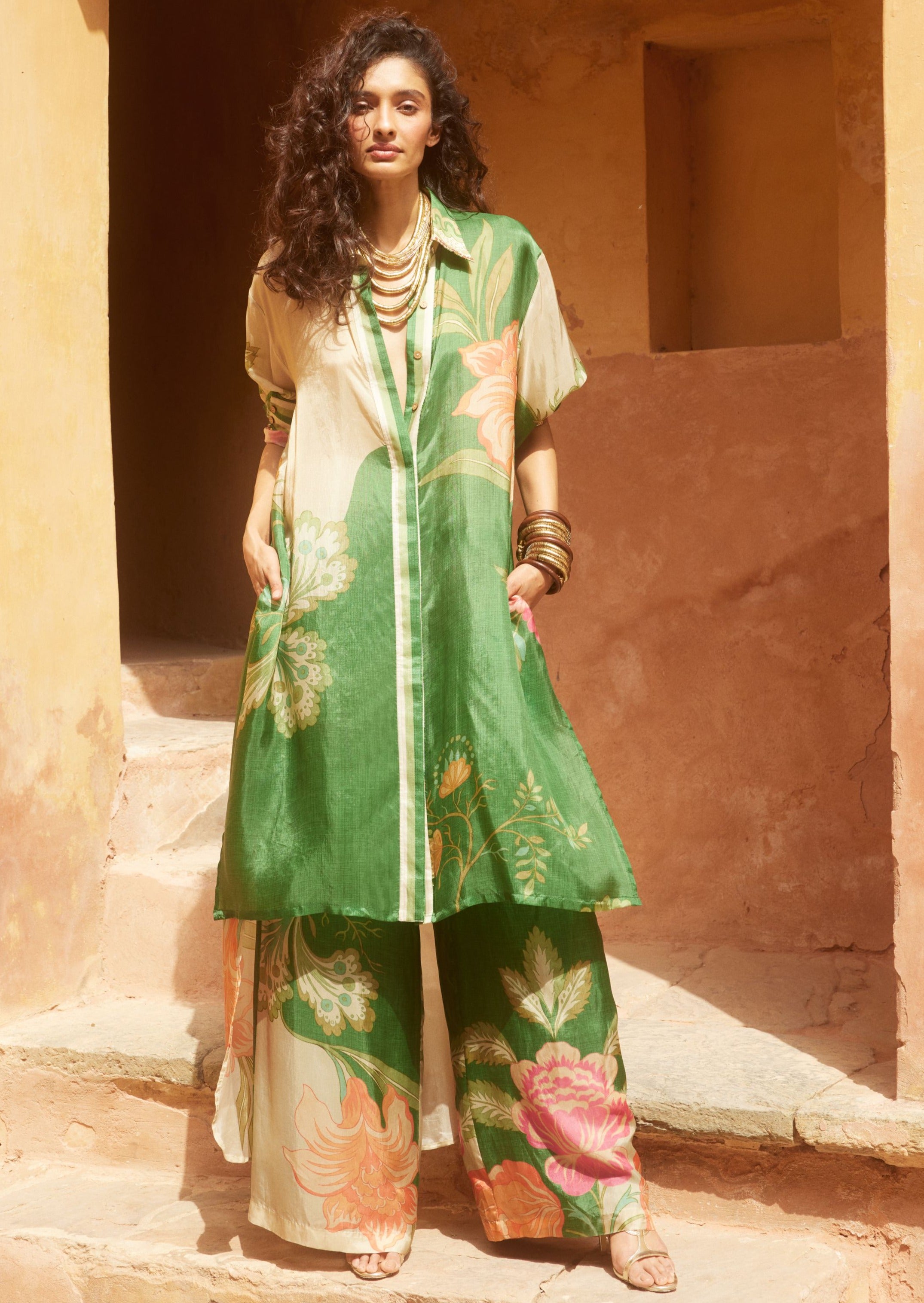 Green Multicolored Floral High-Low Kurta Set