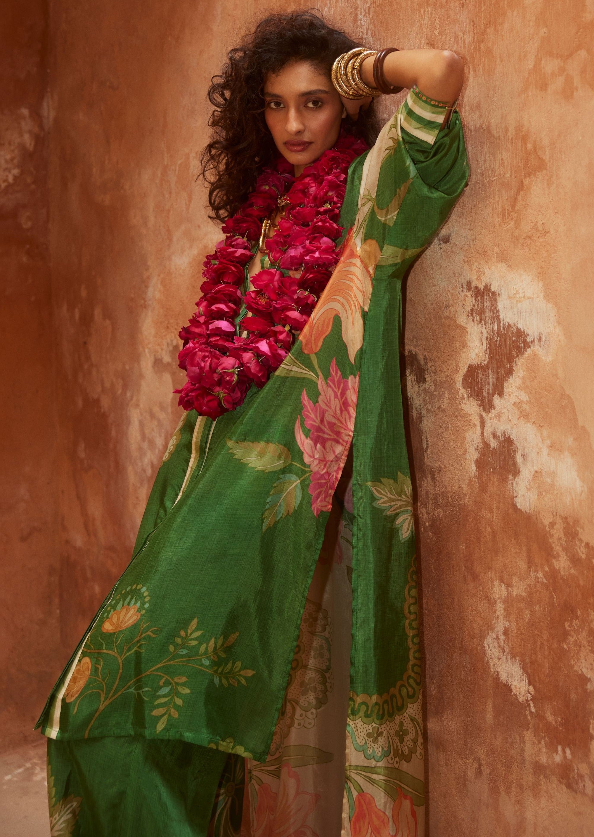 Green Multicolored Floral High-Low Kurta Set
