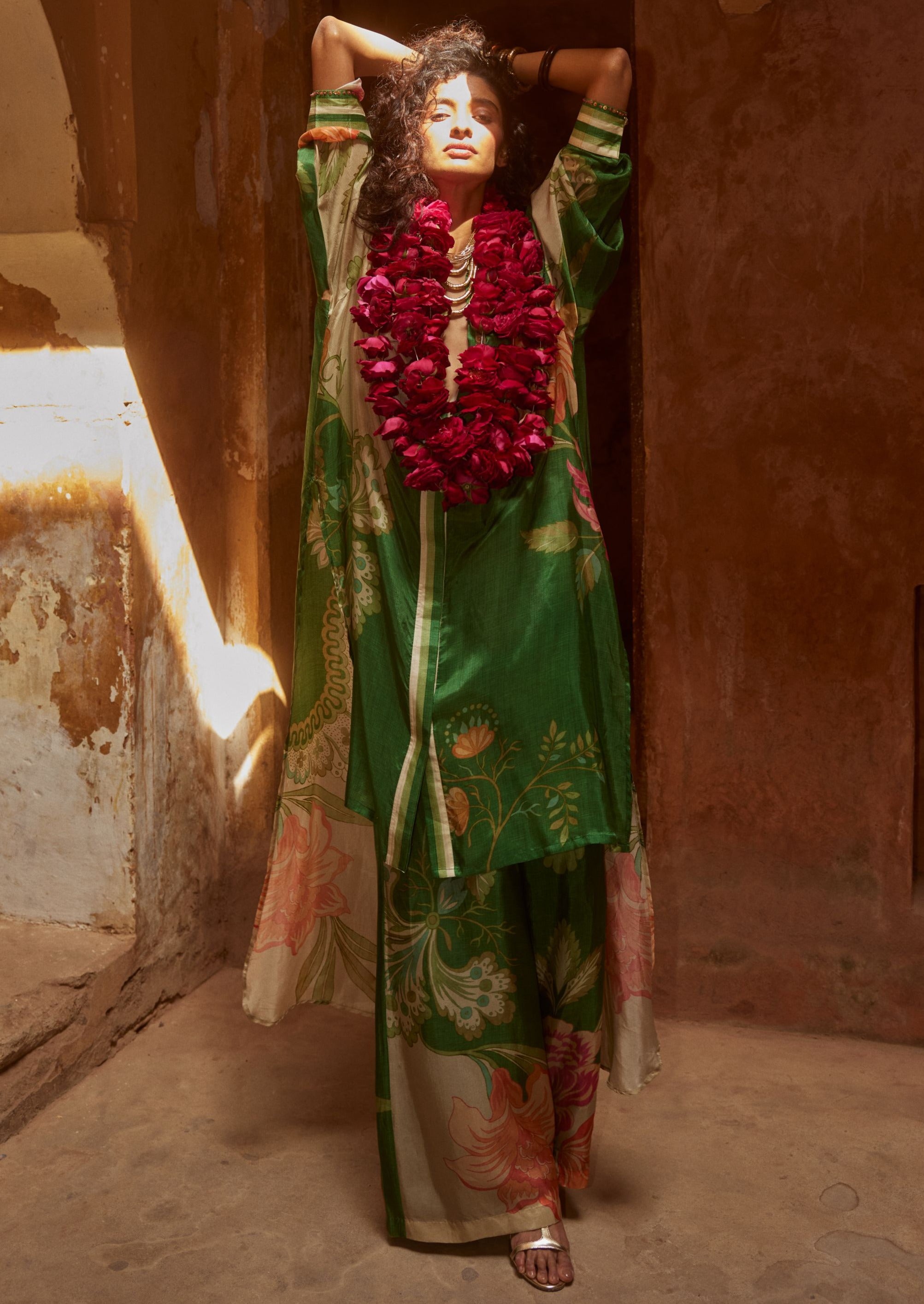 Green Multicolored Floral High-Low Kurta Set