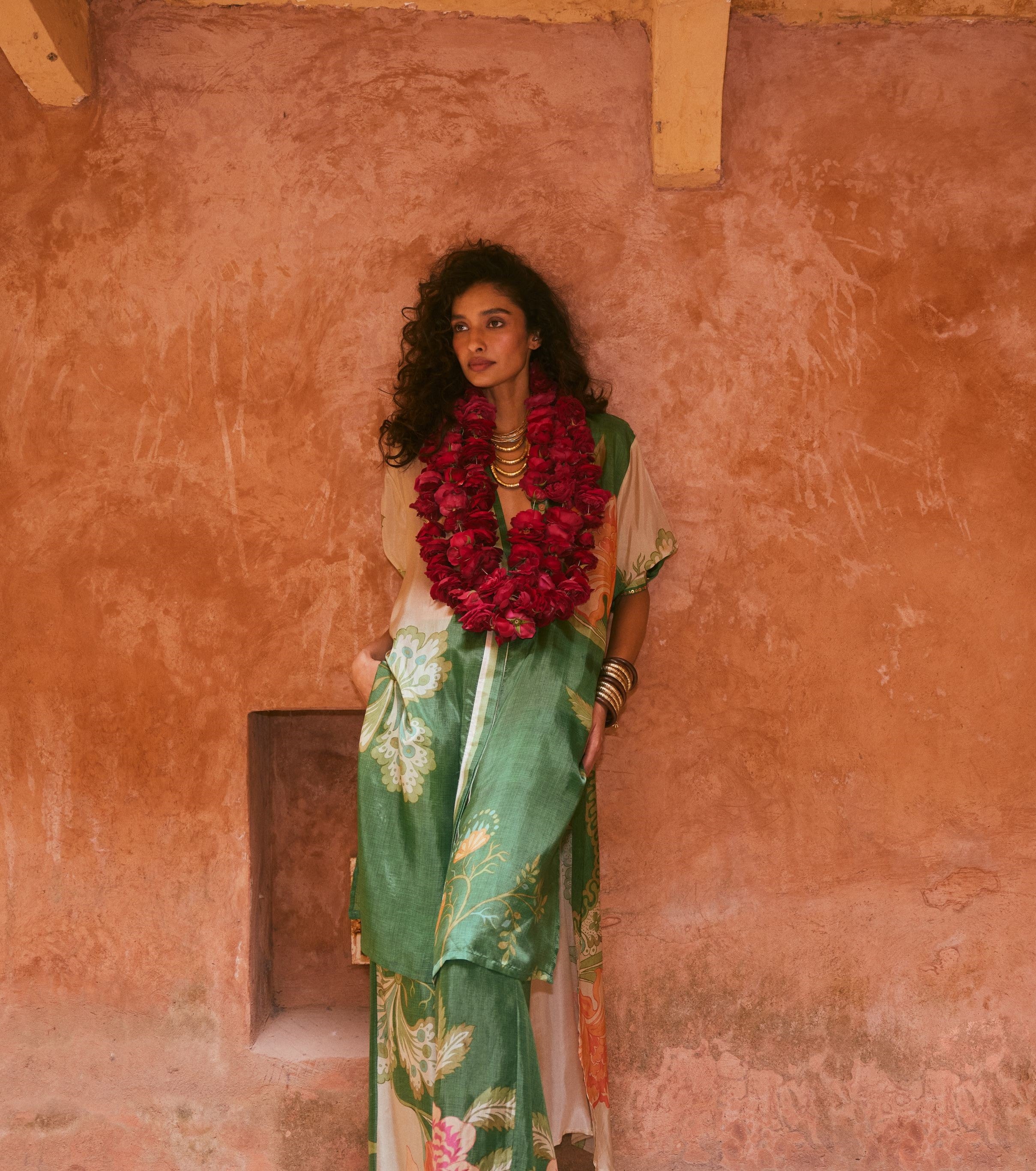 Green Multicolored Floral High-Low Kurta Set