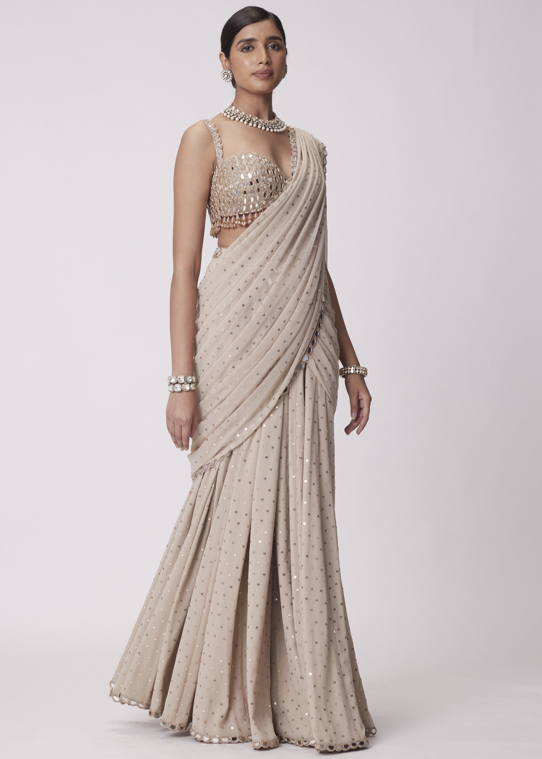 Light Beige Georgette Pre Draped Sari Set