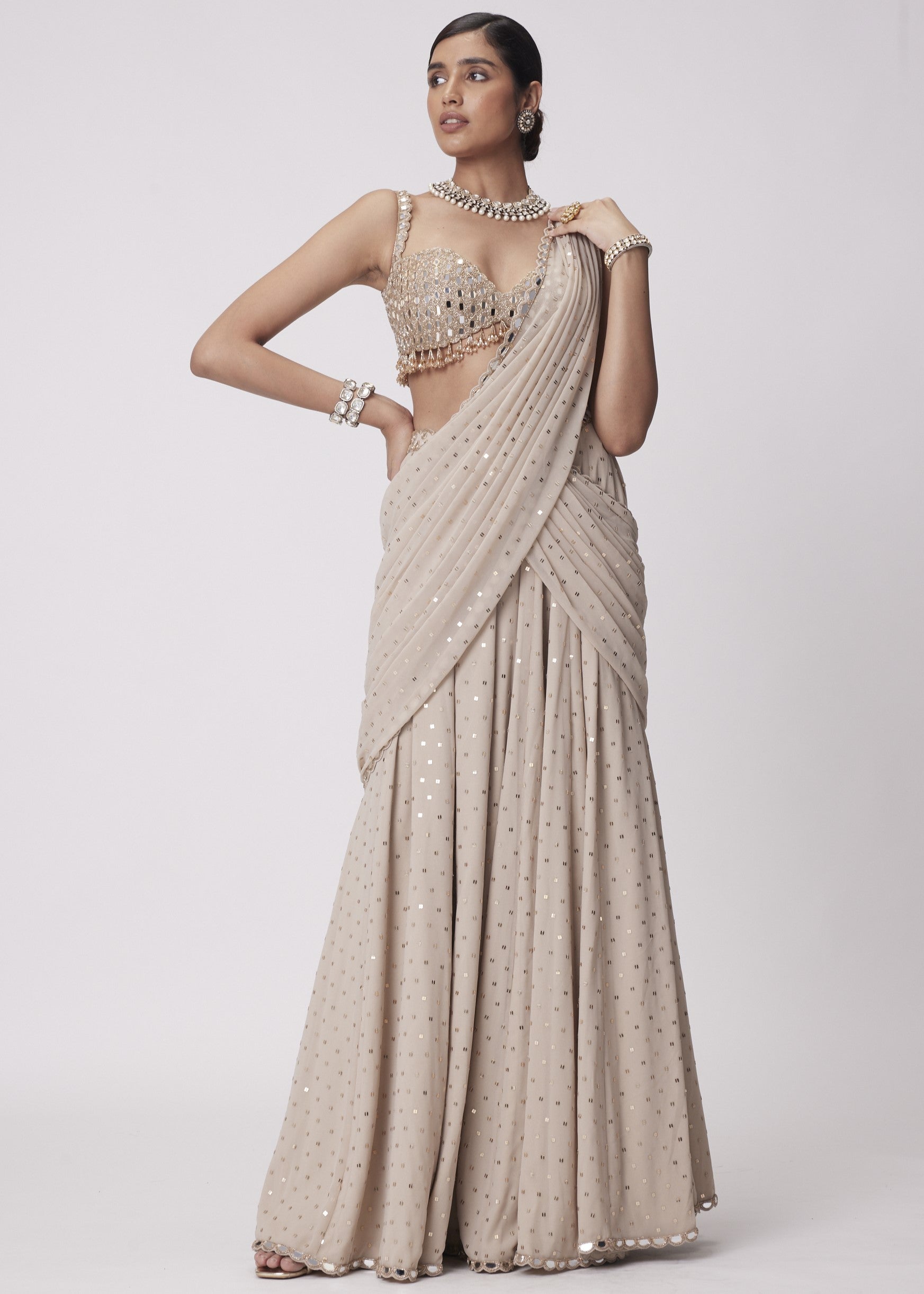 Light Beige Georgette Pre Draped Sari Set