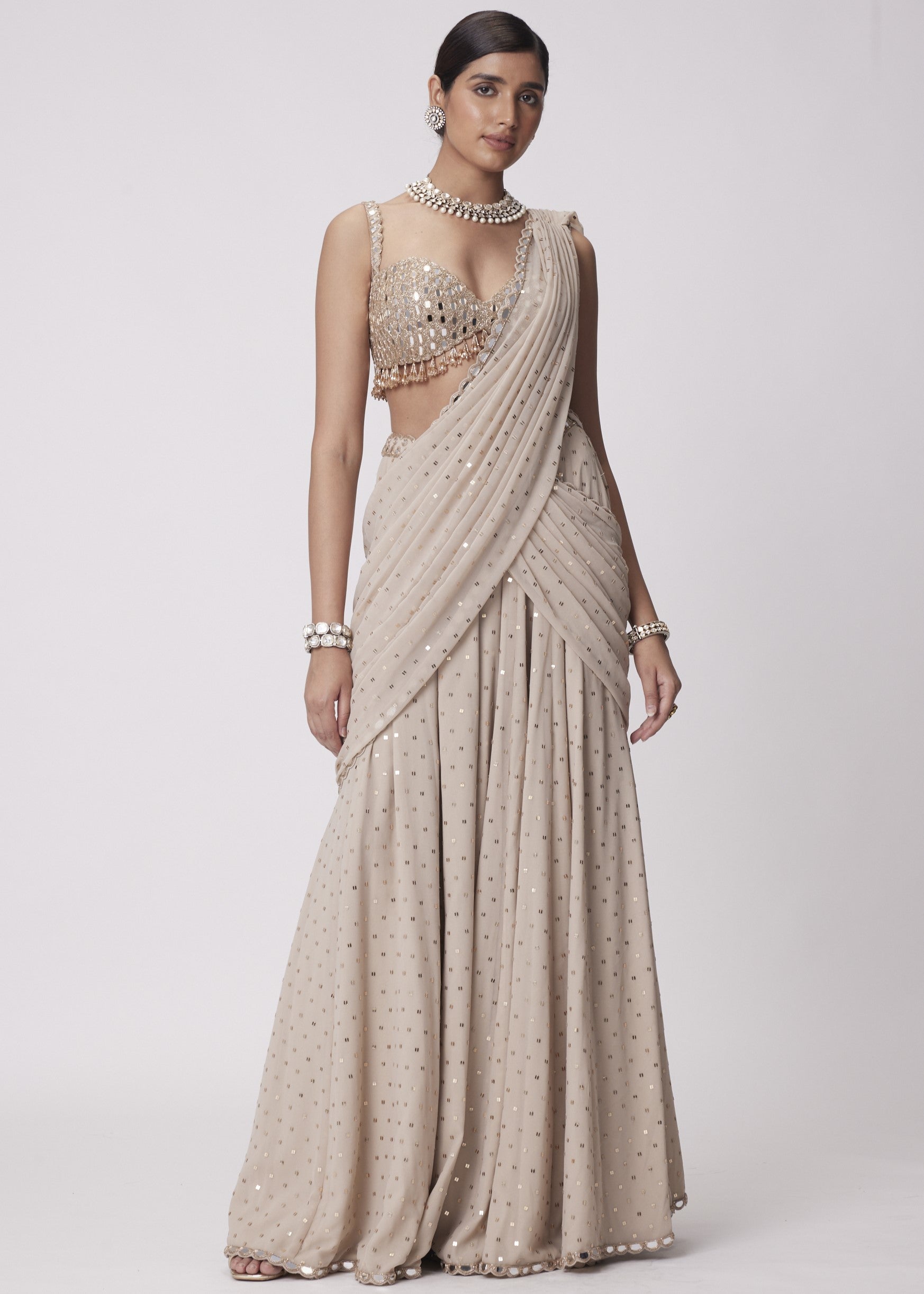 Light Beige Georgette Pre Draped Sari Set
