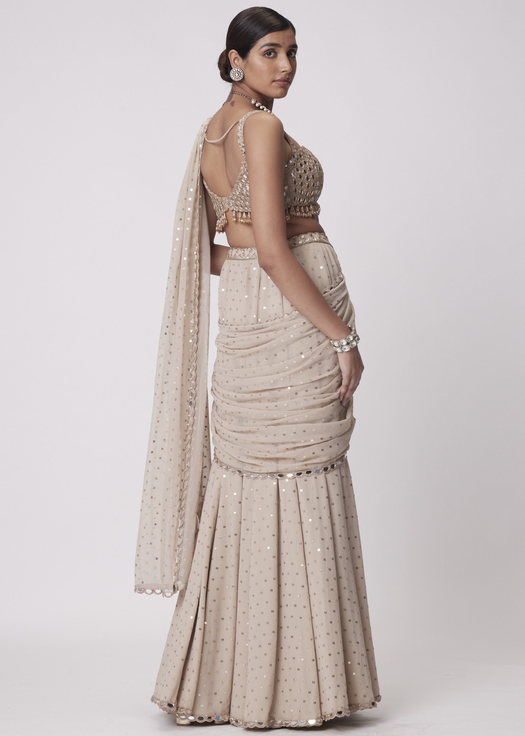 Light Beige Georgette Pre Draped Sari Set