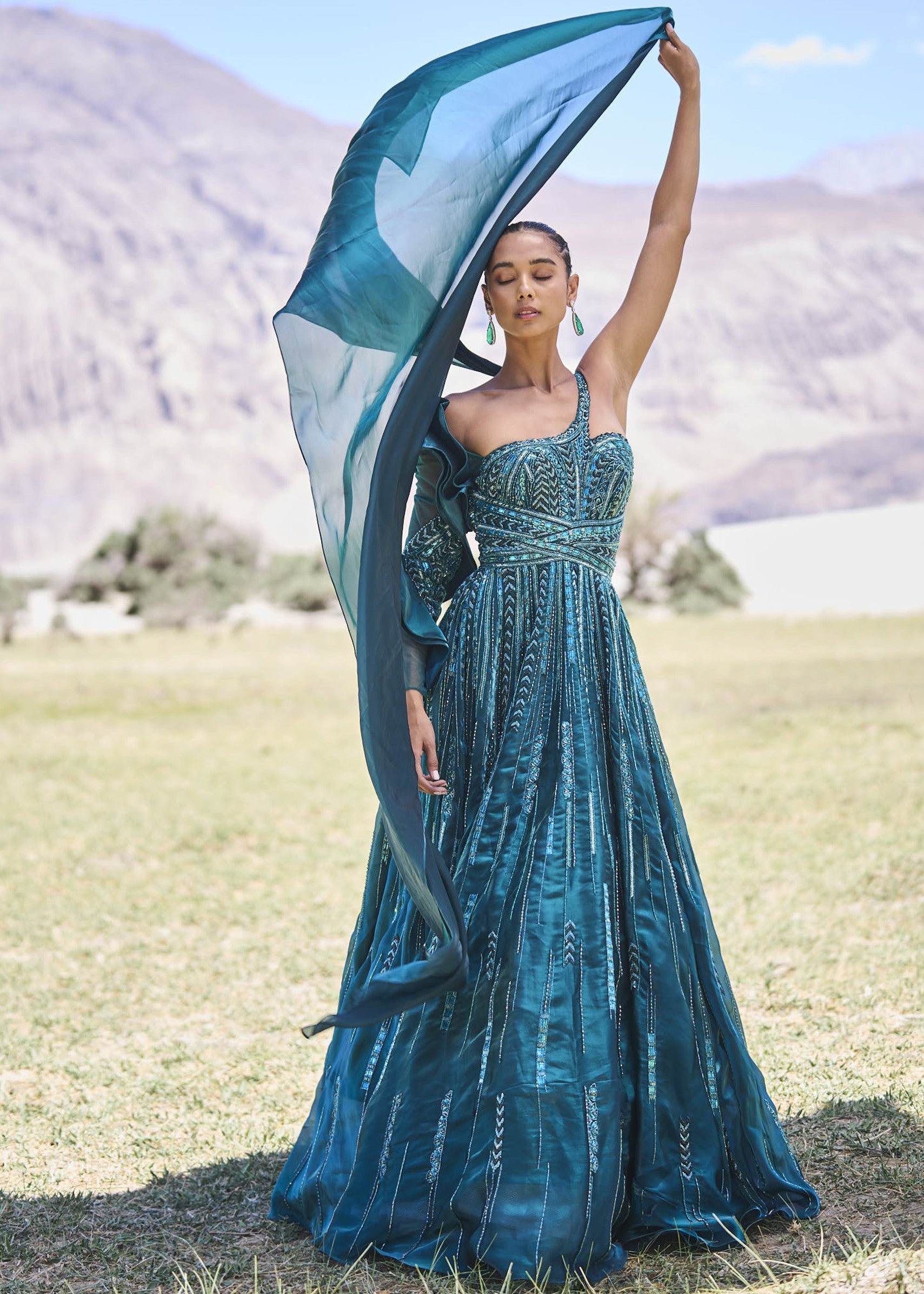Peacock Green Embroidered Frill Gown
