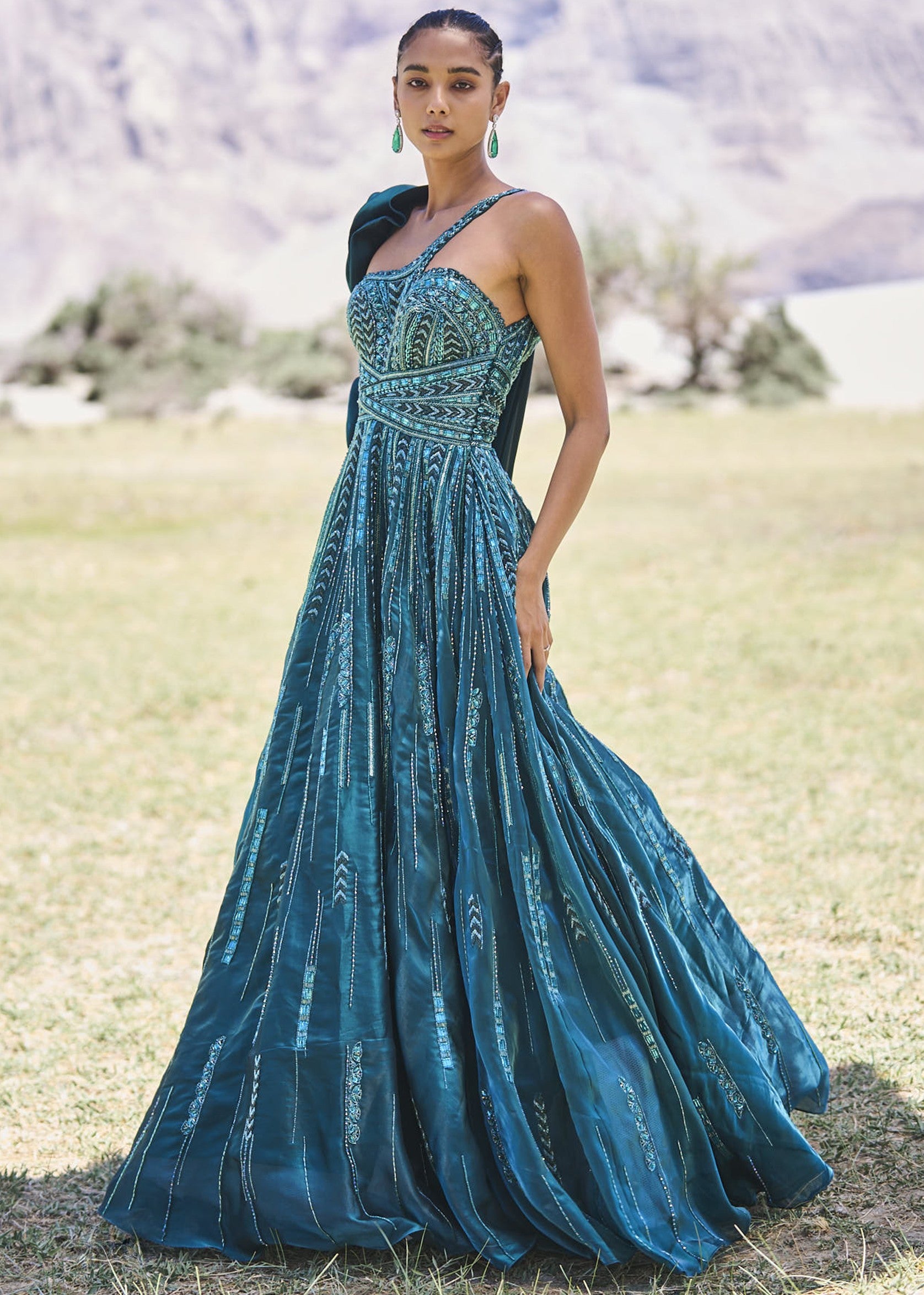 Peacock Green Embroidered Frill Gown