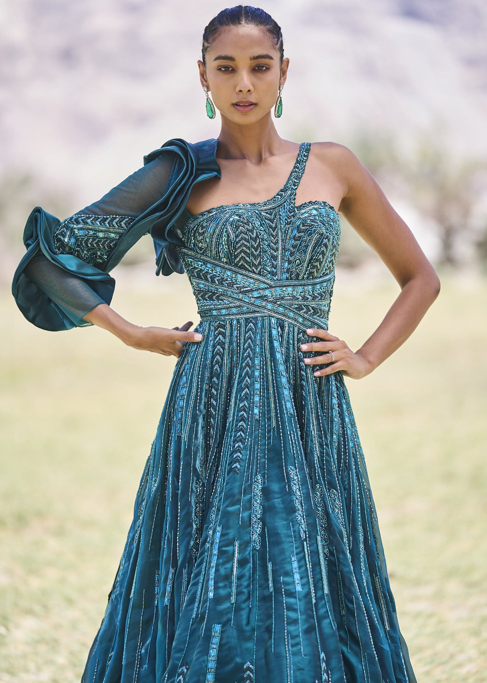 Peacock Green Embroidered Frill Gown