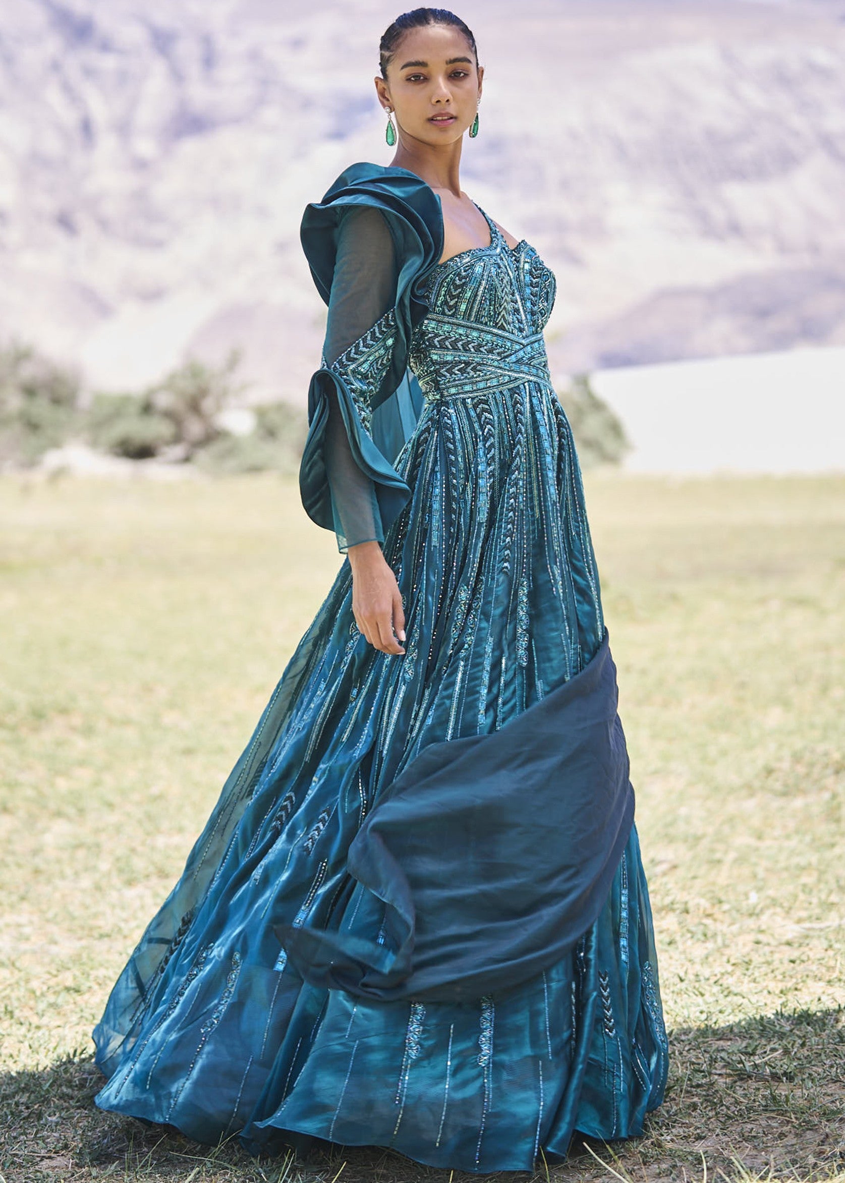 Peacock Green Embroidered Frill Gown