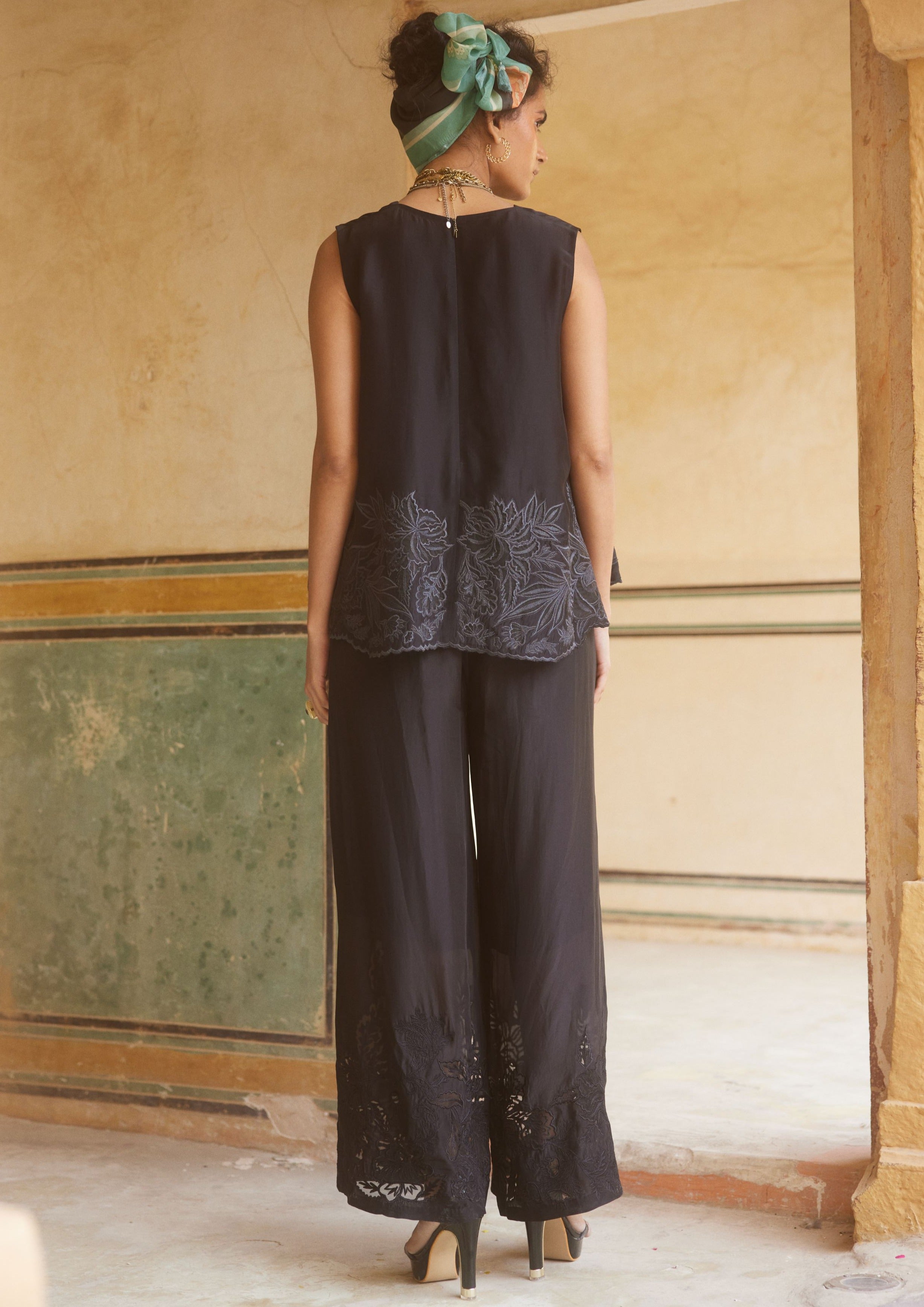 Black Floral Cutwork Sleeveless Co-Ord Set