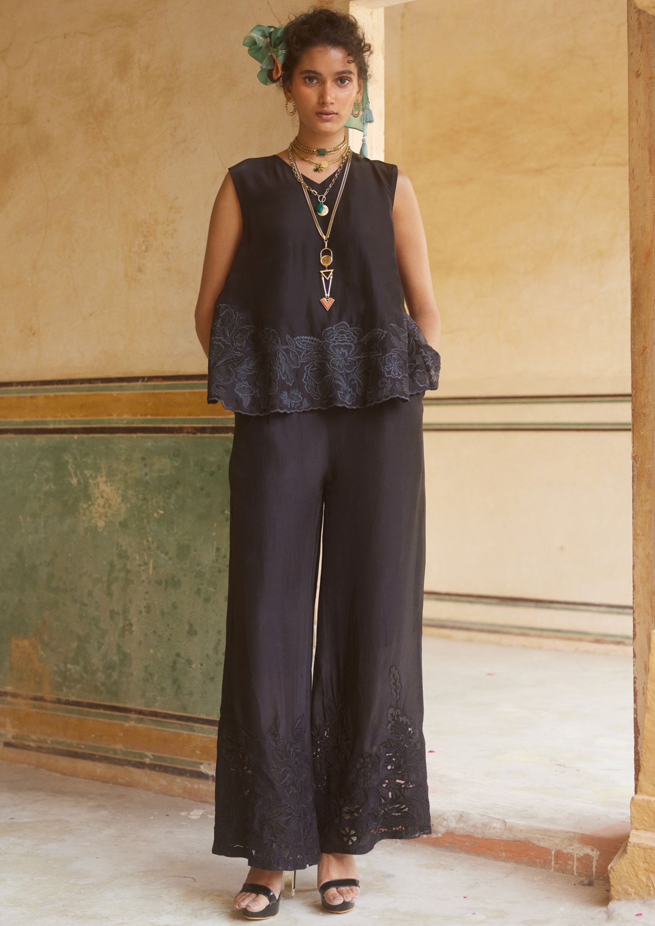 Black Floral Cutwork Sleeveless Co-Ord Set