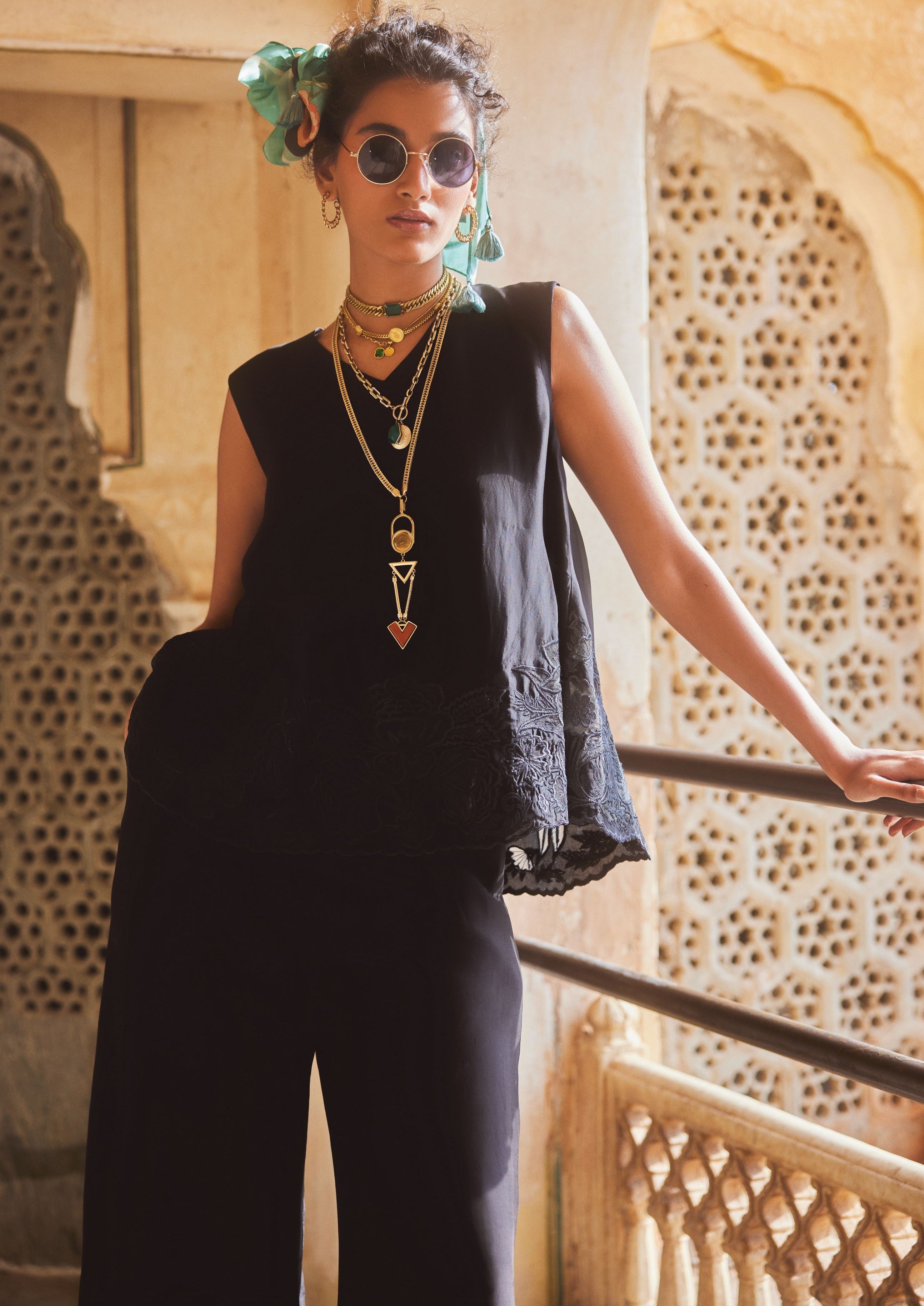 Black Floral Cutwork Sleeveless Co-Ord Set