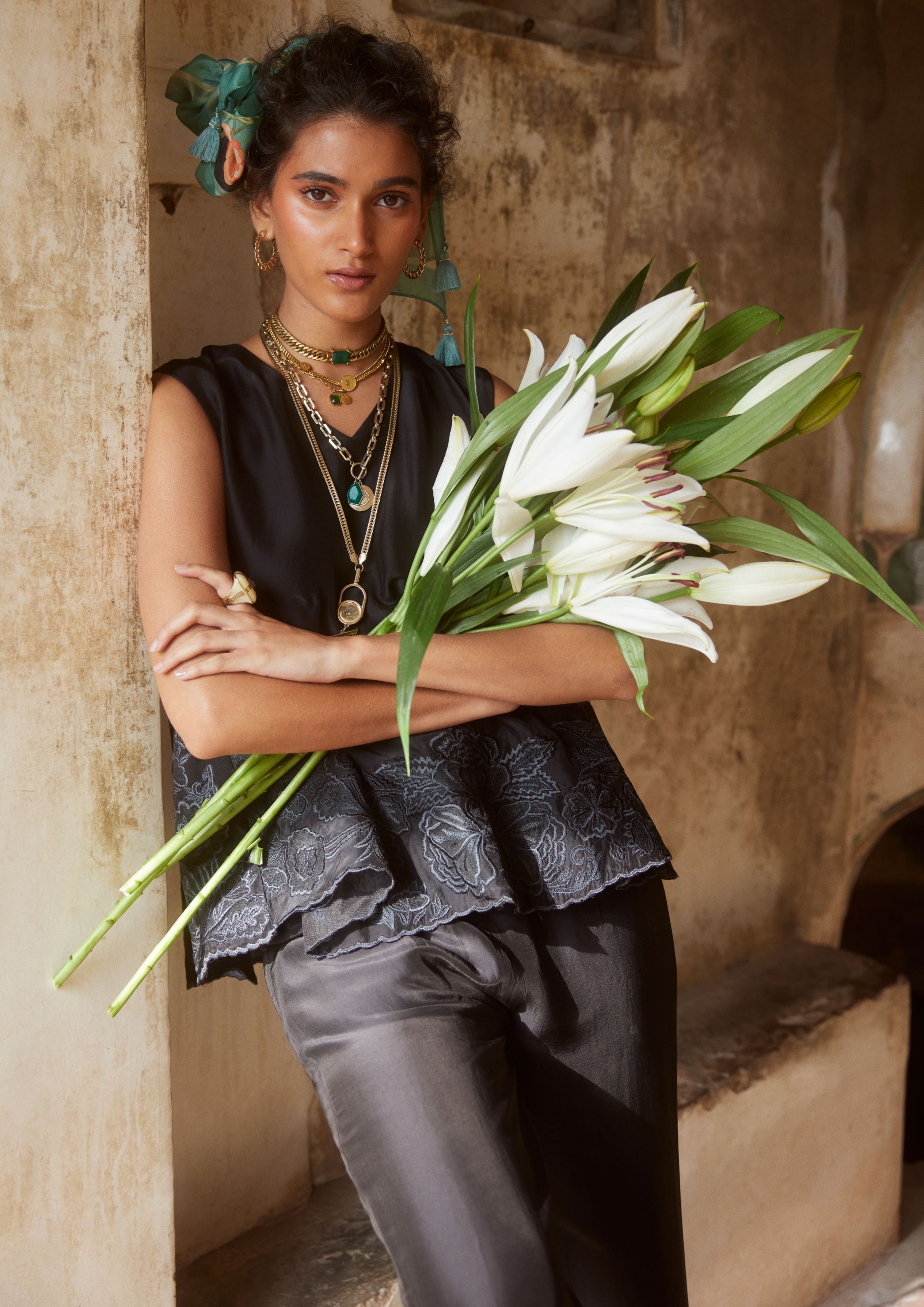 Black Floral Cutwork Sleeveless Co-Ord Set