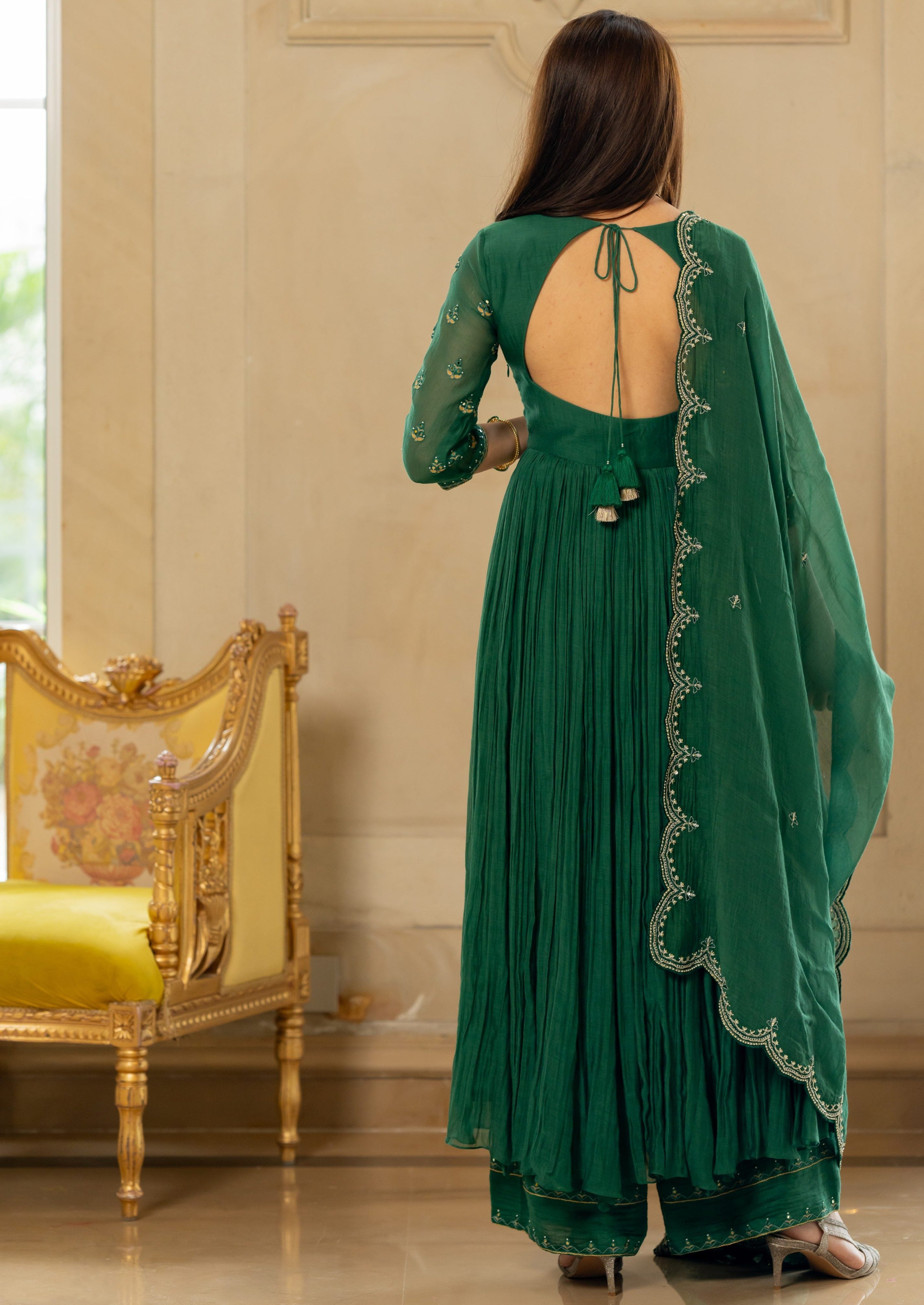Emerald Green Mallei Chanderi Anarkali Set