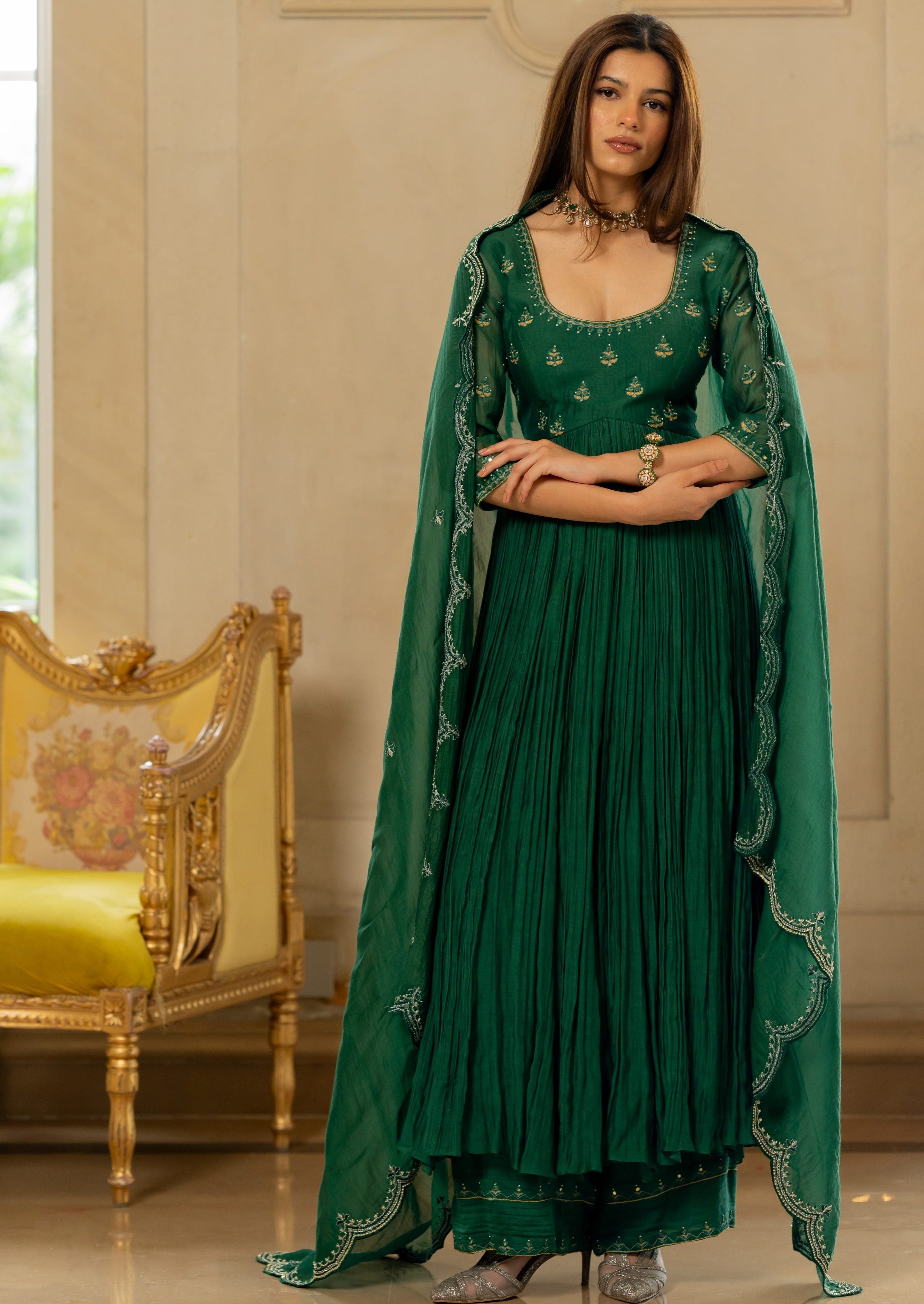 Emerald Green Mallei Chanderi Anarkali Set