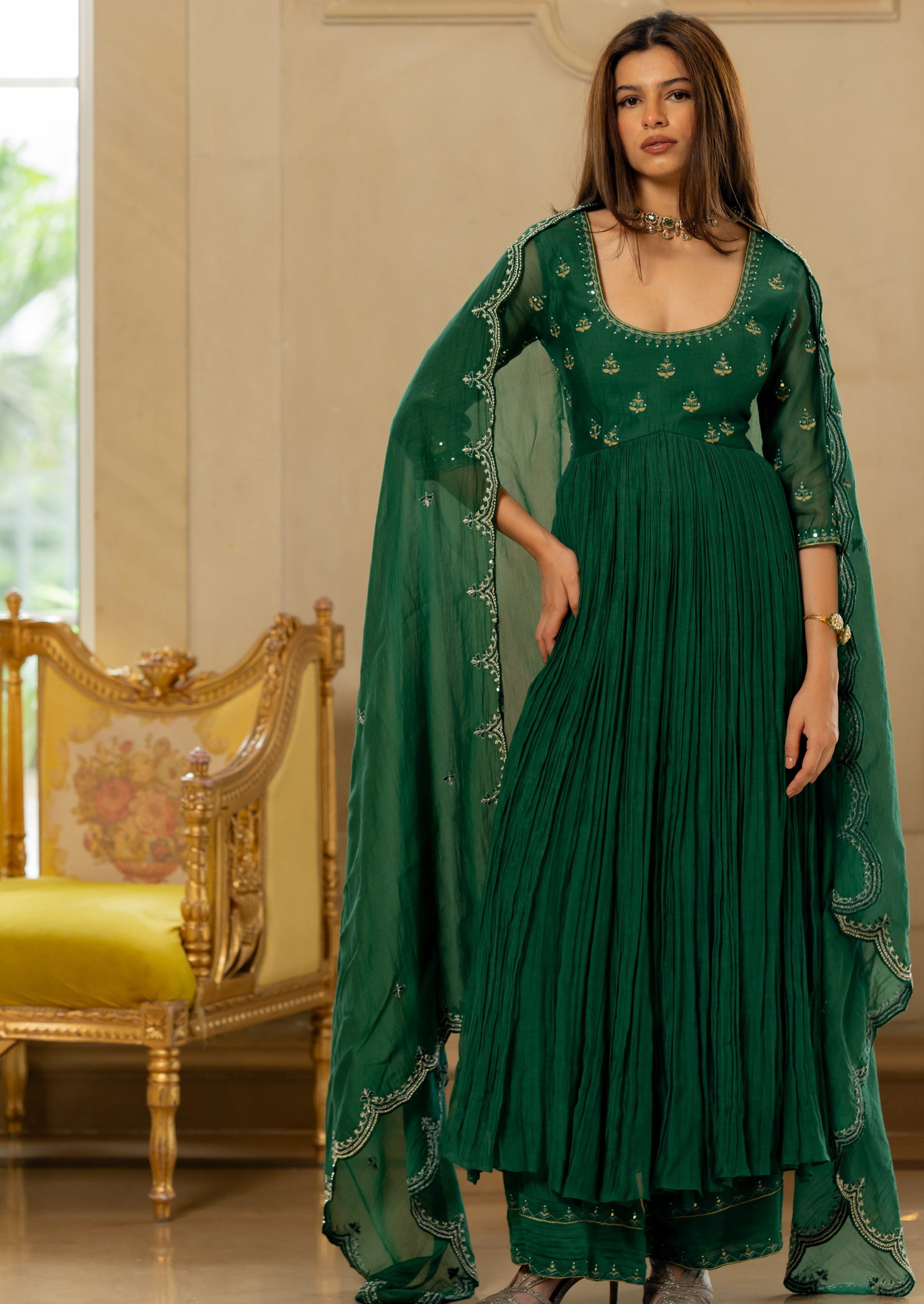 Emerald Green Mallei Chanderi Anarkali Set