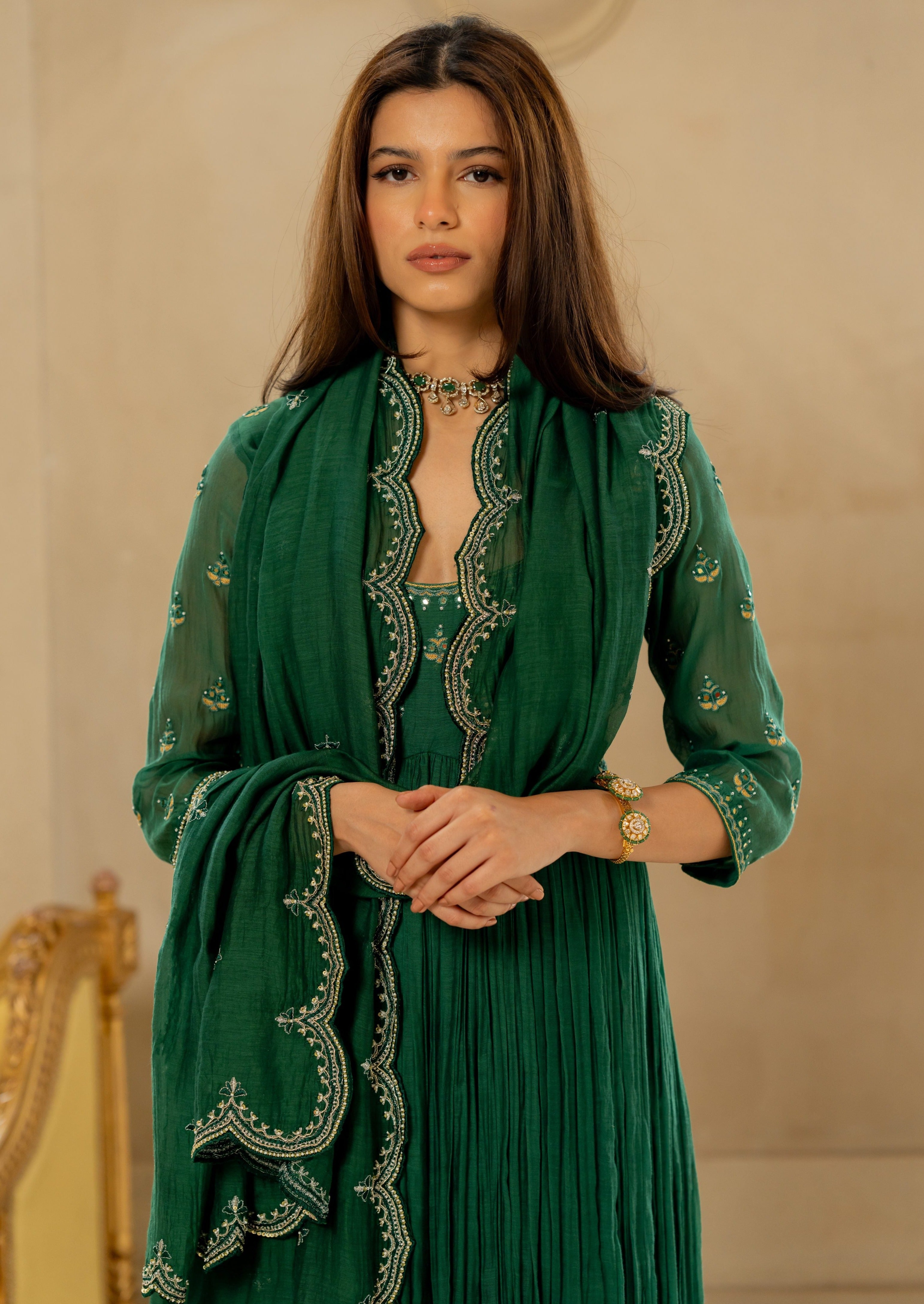 Emerald Green Mallei Chanderi Anarkali Set