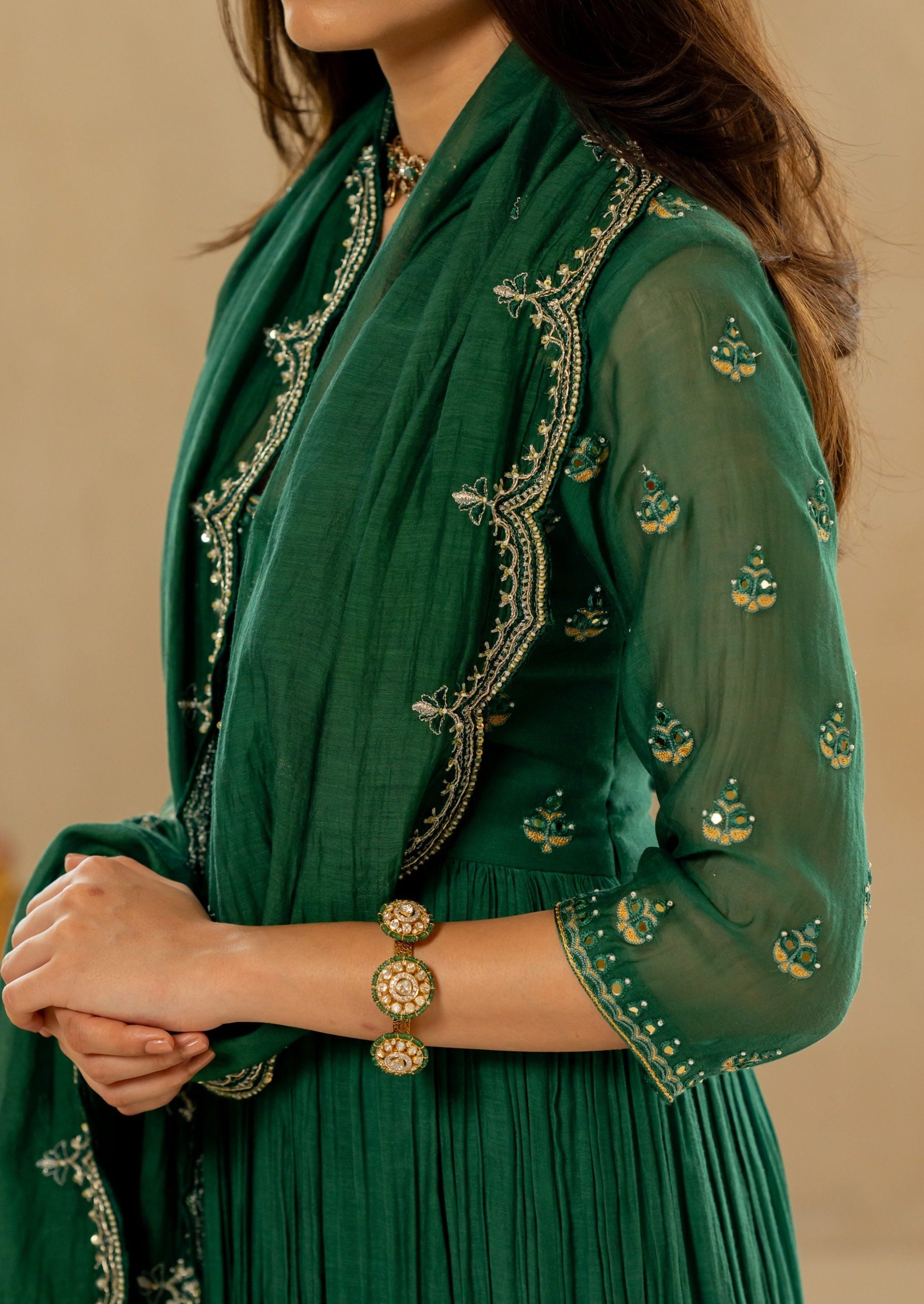 Emerald Green Mallei Chanderi Anarkali Set