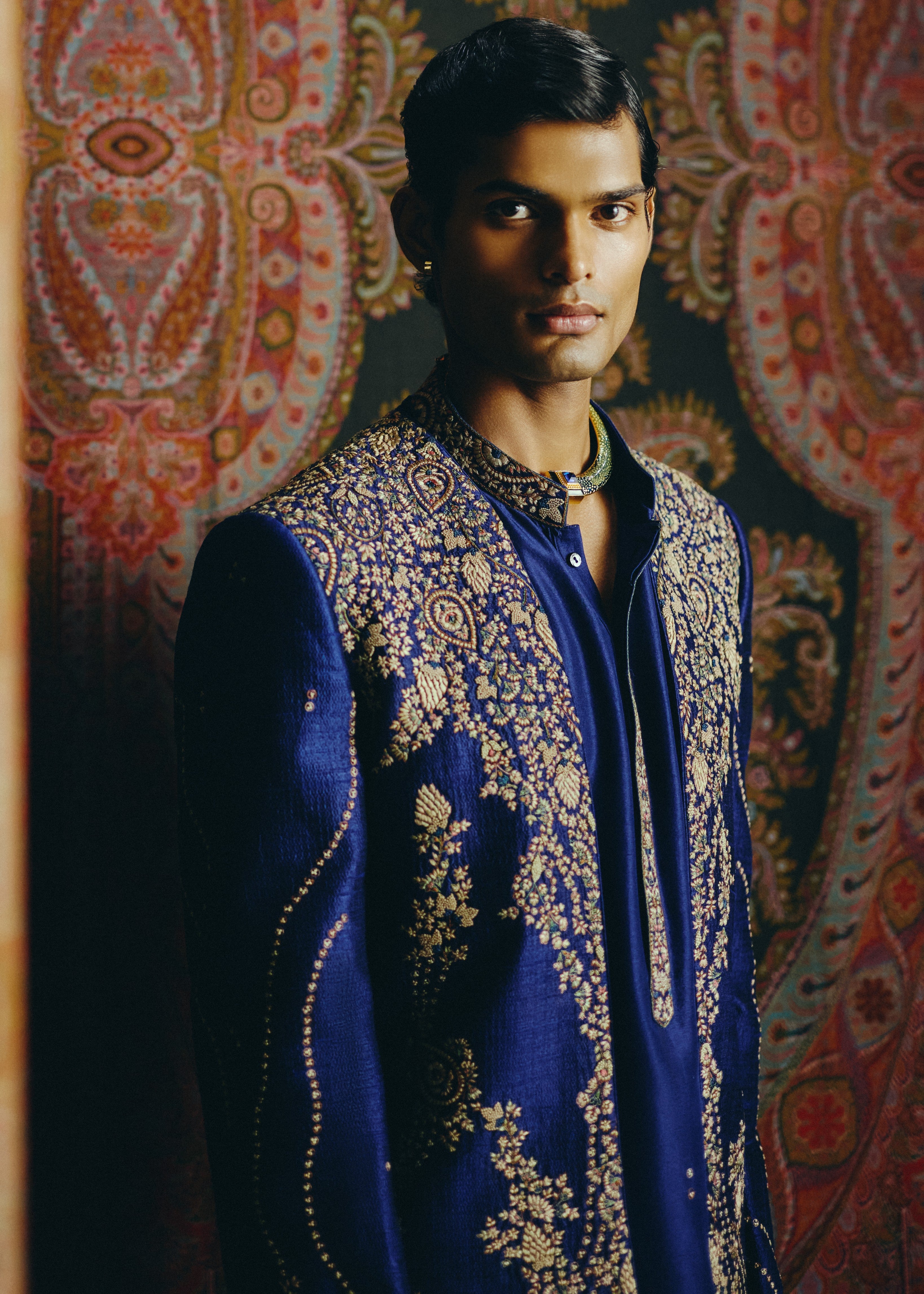 Blue Heritage Open Jacket With Kurta & Pant Set