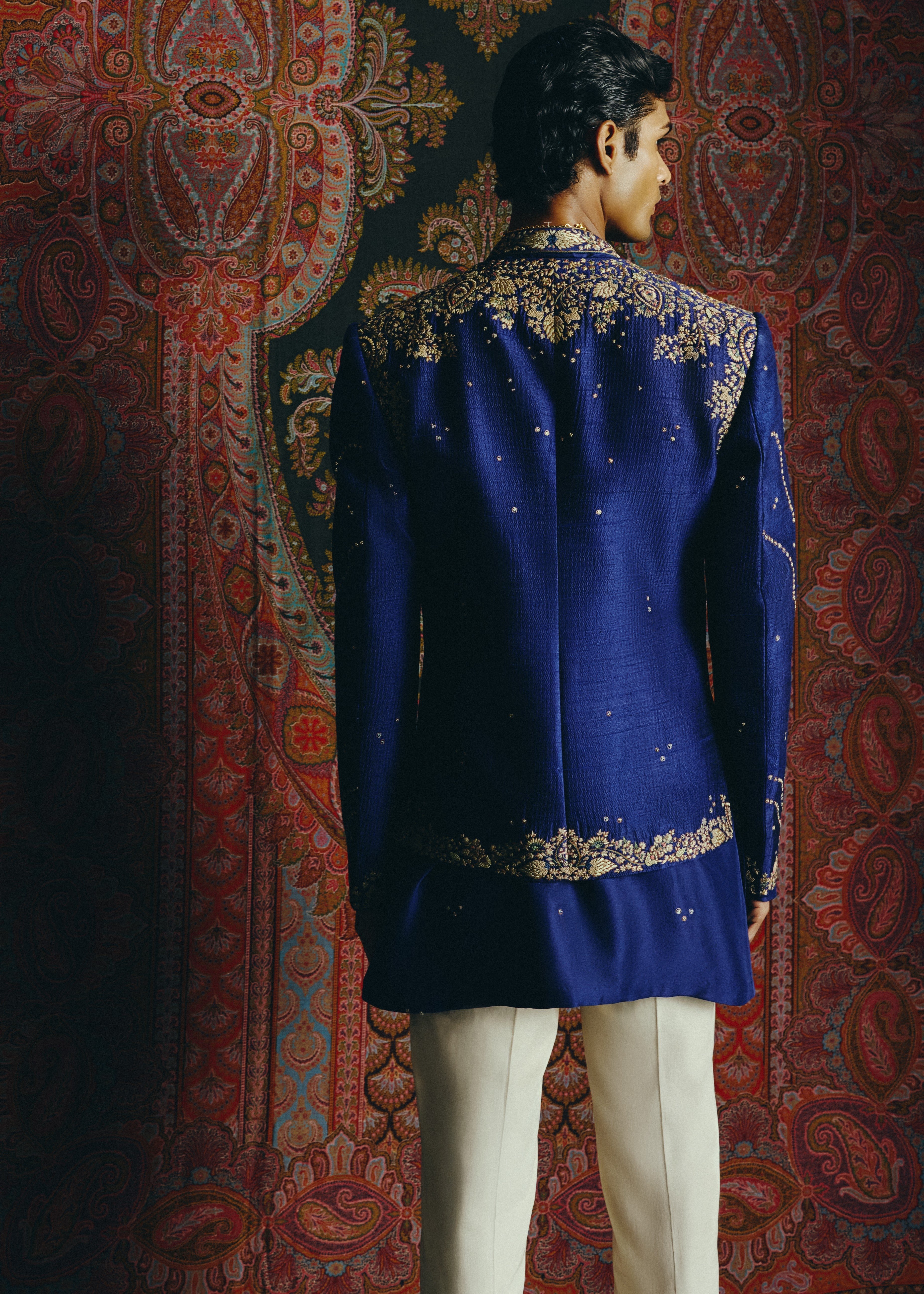 Blue Heritage Open Jacket With Kurta & Pant Set