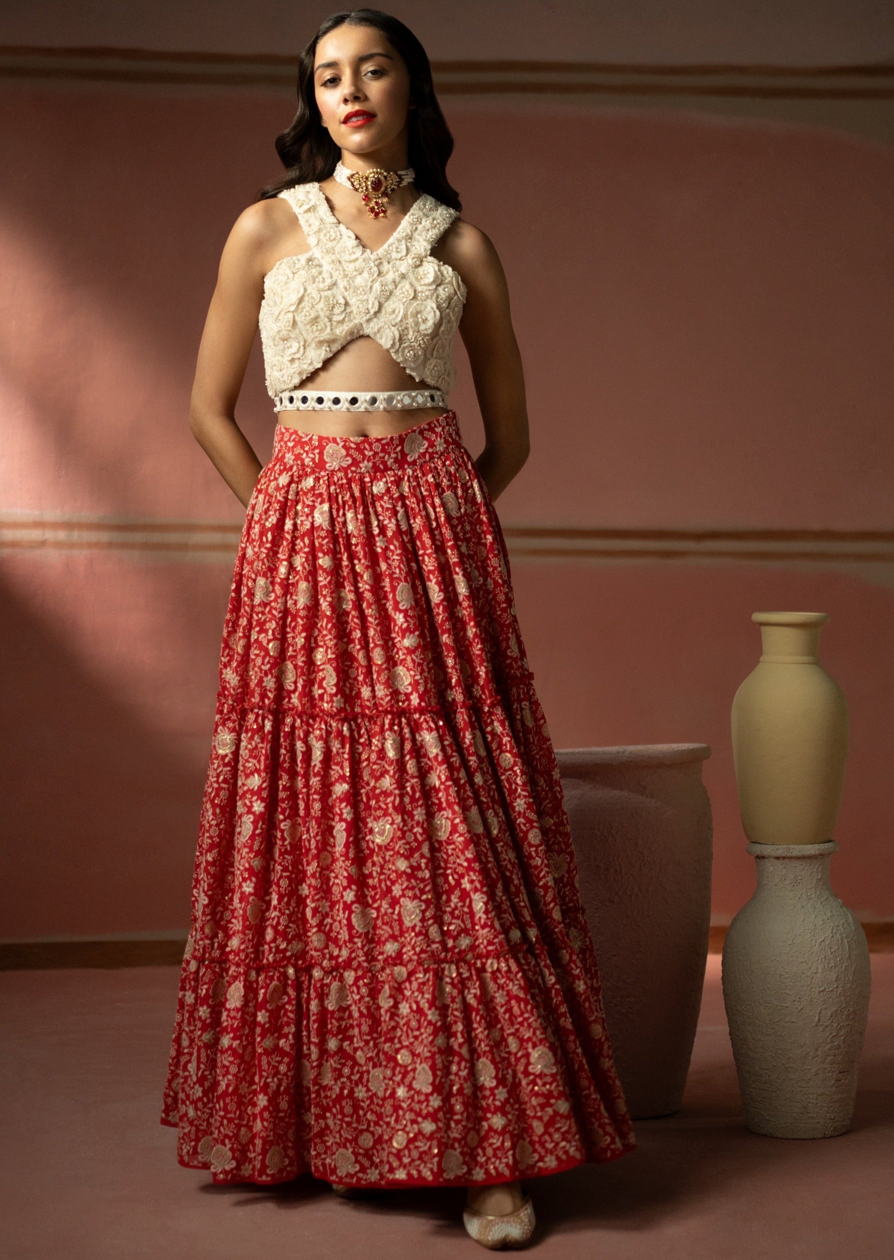 Red Chikankari Lehenga Set