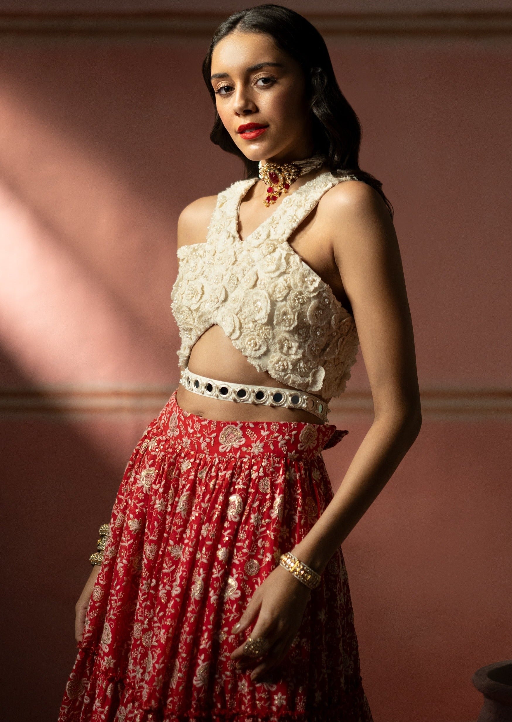 Red Chikankari Lehenga Set