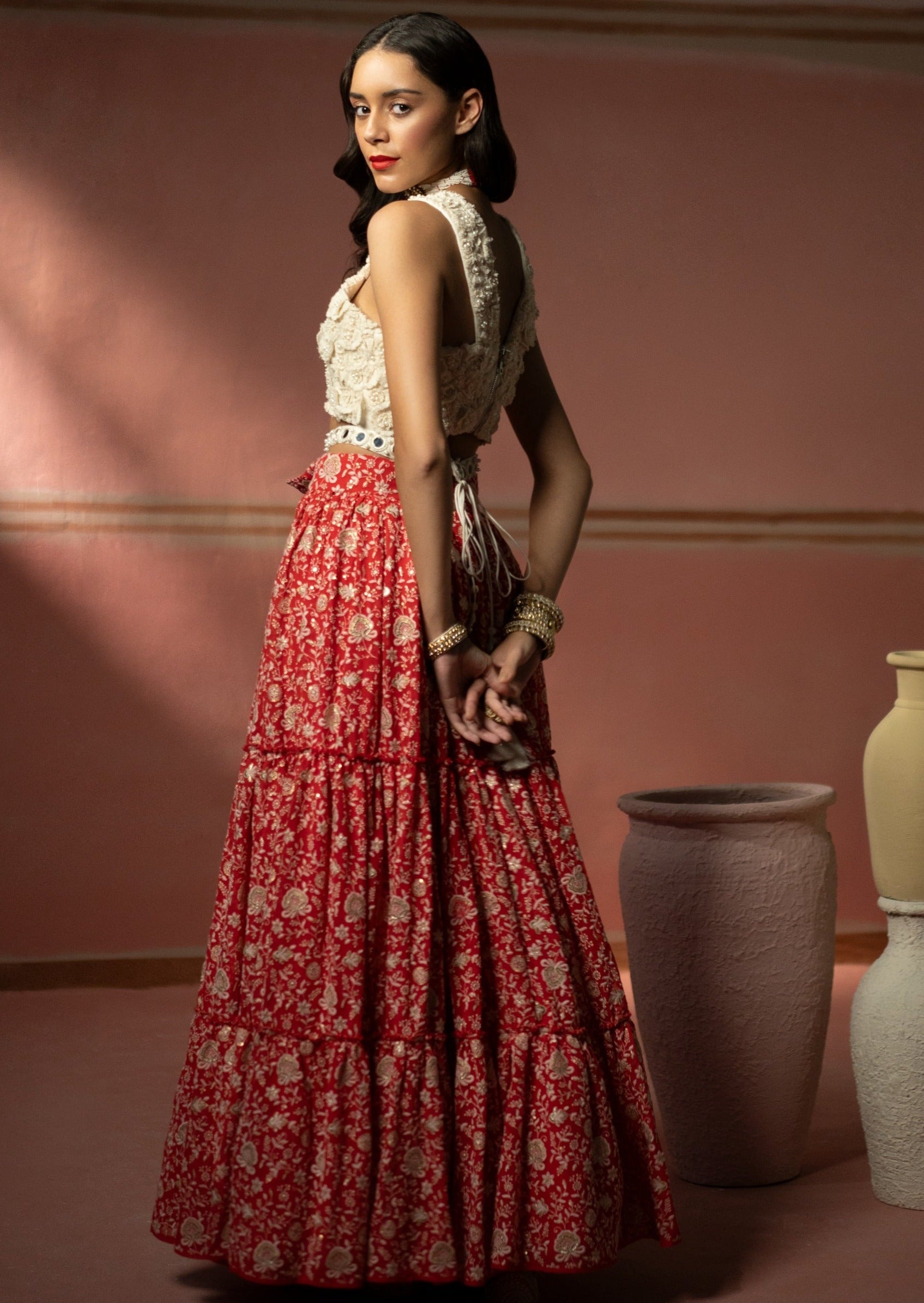 Red Chikankari Lehenga Set