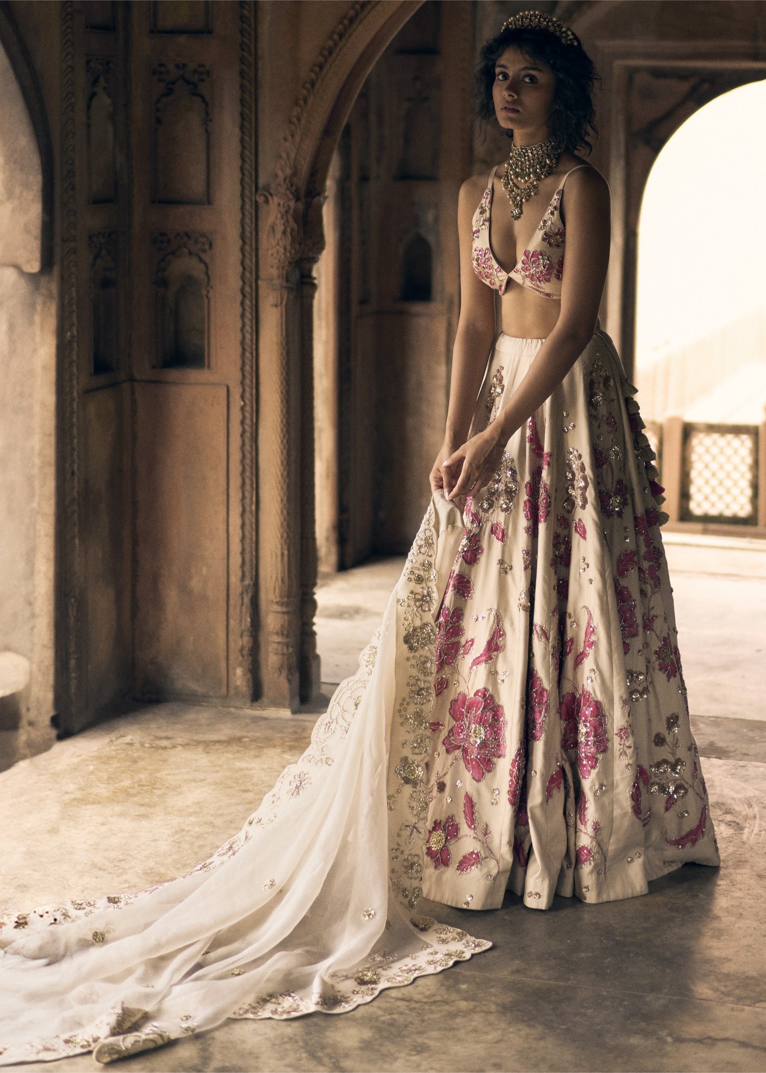 Ivory And Pink Floral Print Lehenga