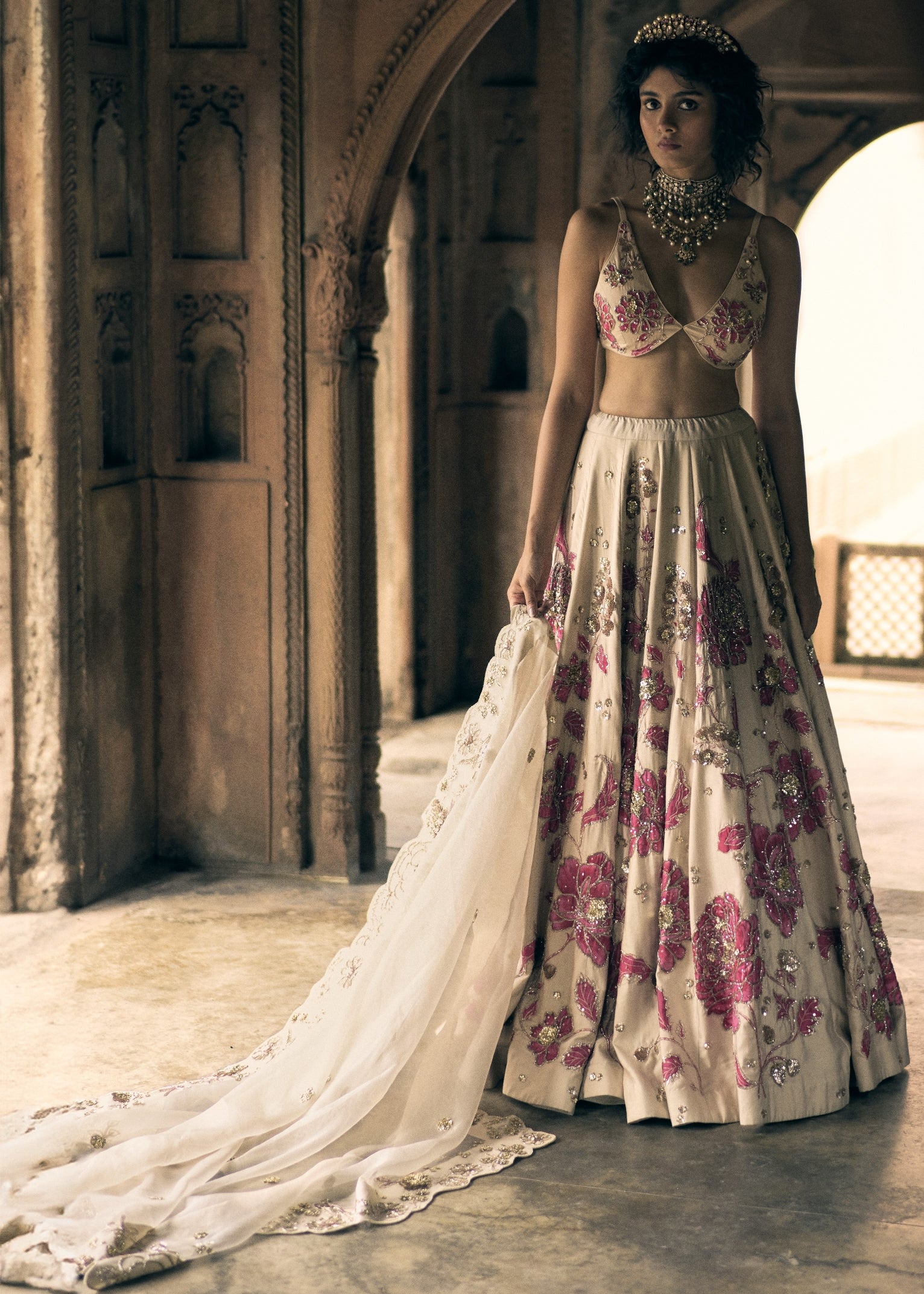 Ivory And Pink Floral Print Lehenga