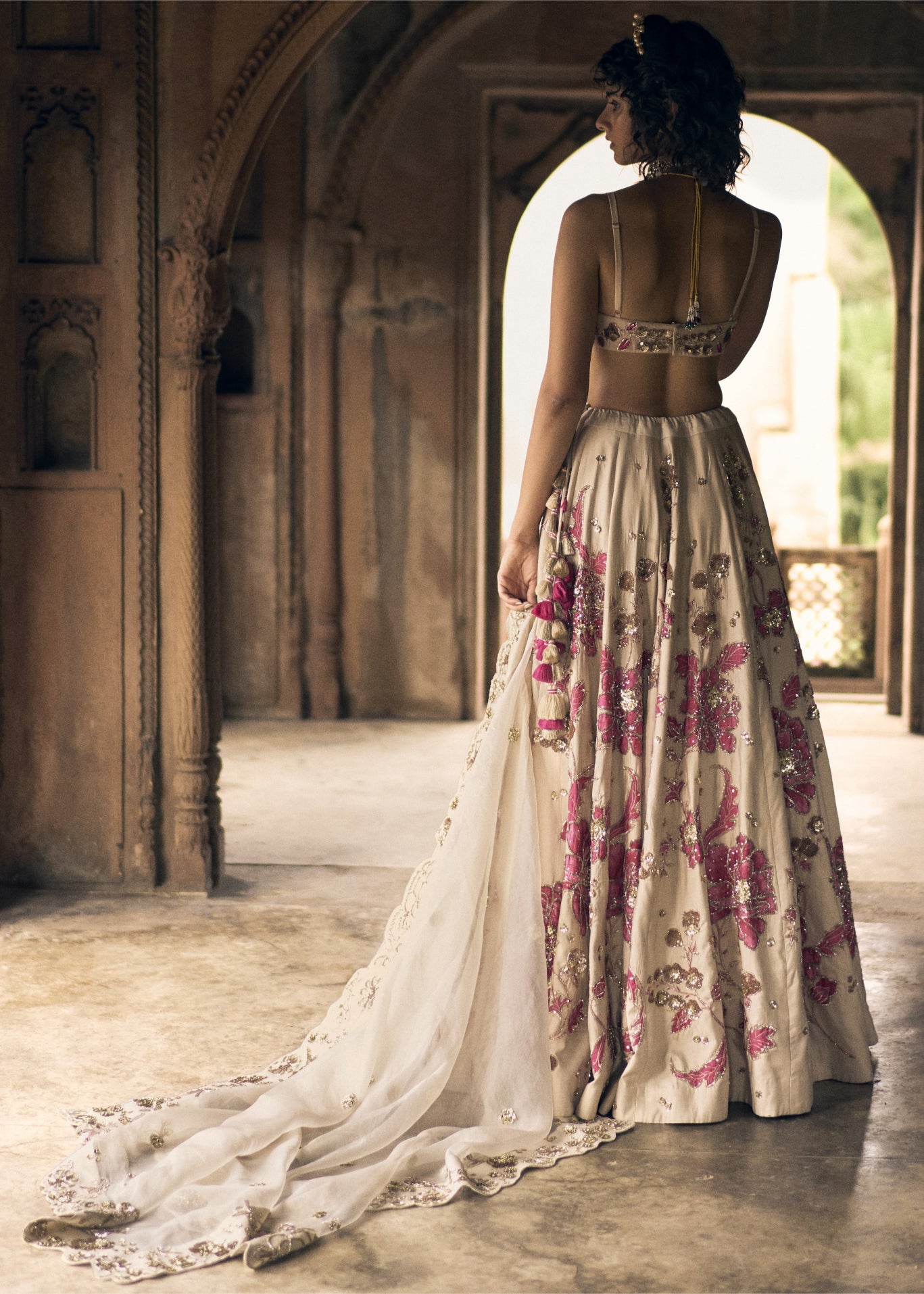 Ivory And Pink Floral Print Lehenga