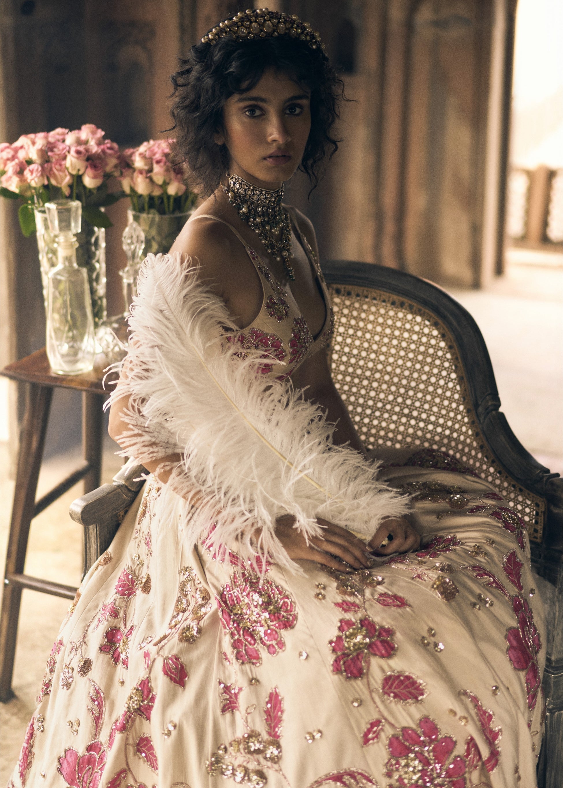 Ivory And Pink Floral Print Lehenga