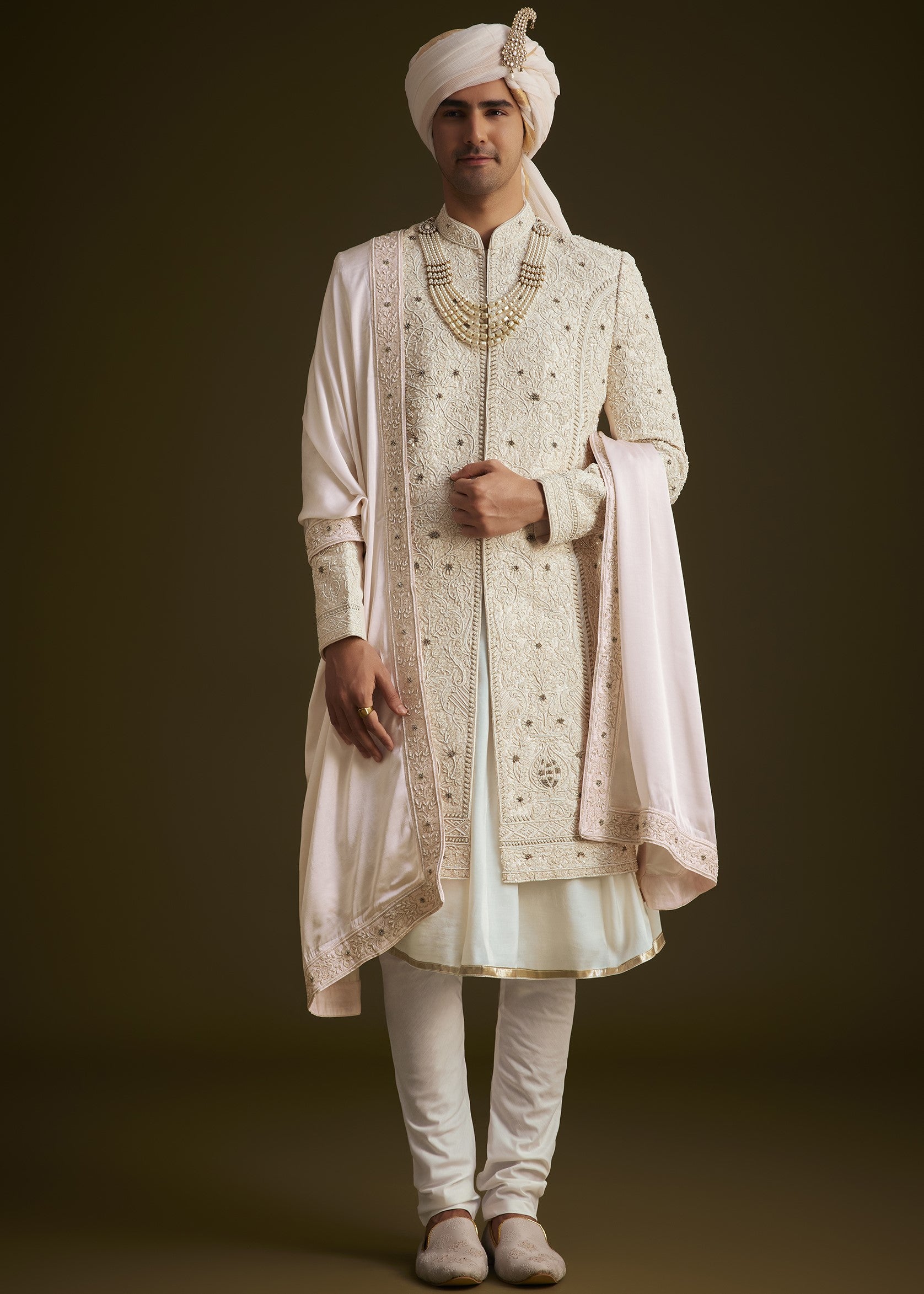 Ivory Zardozi Embroidered Sherwani Set