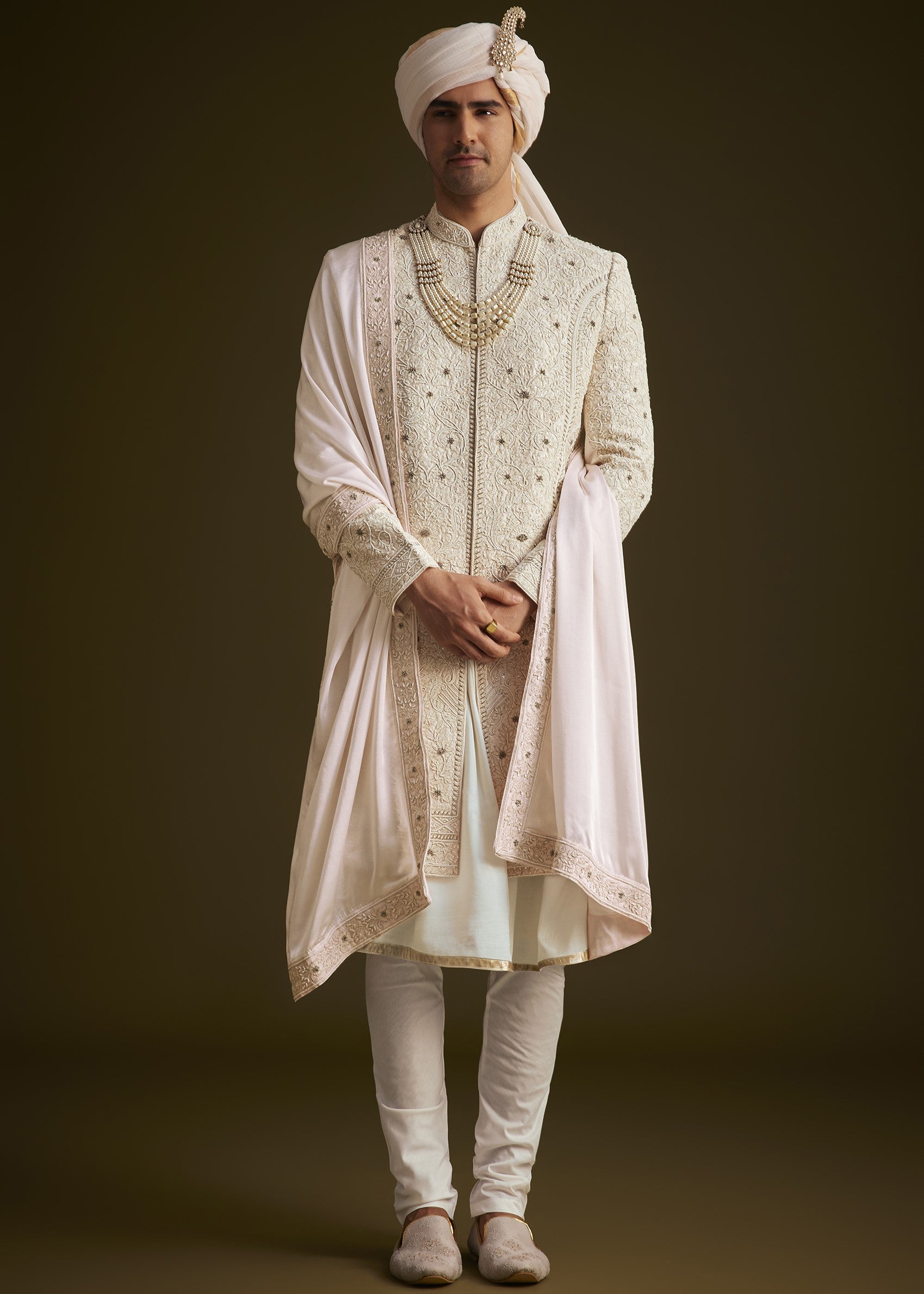 Ivory Zardozi Embroidered Sherwani Set
