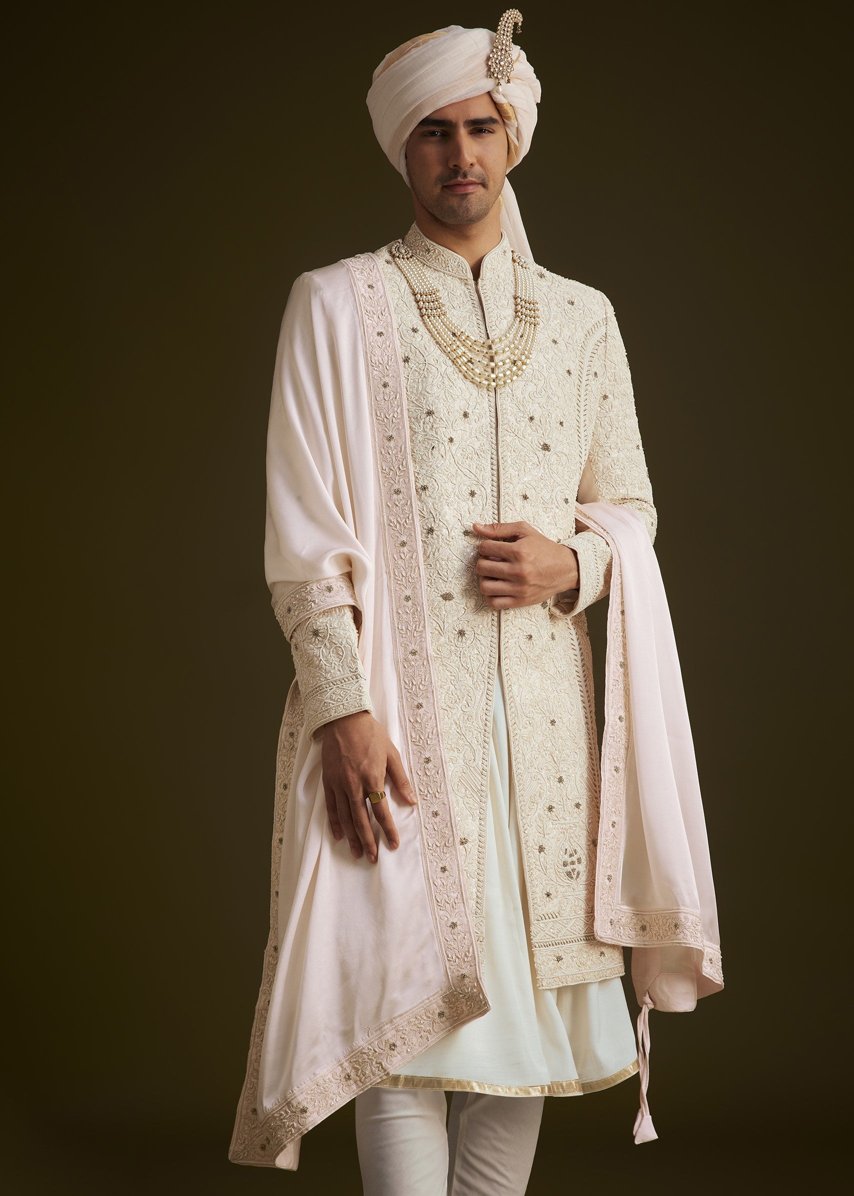 Ivory Zardozi Embroidered Sherwani Set