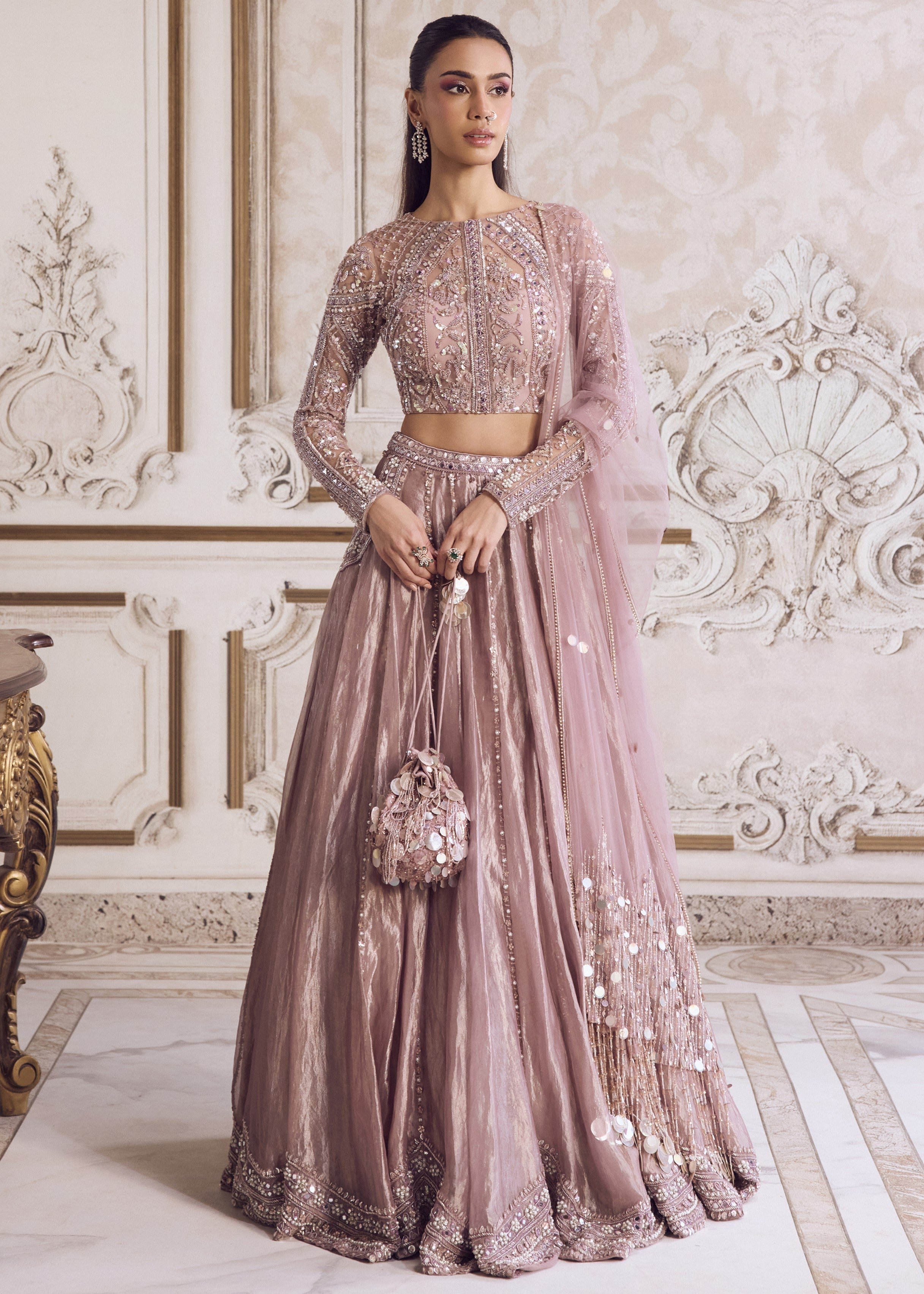 Champagne Rose Tissue Lehenga