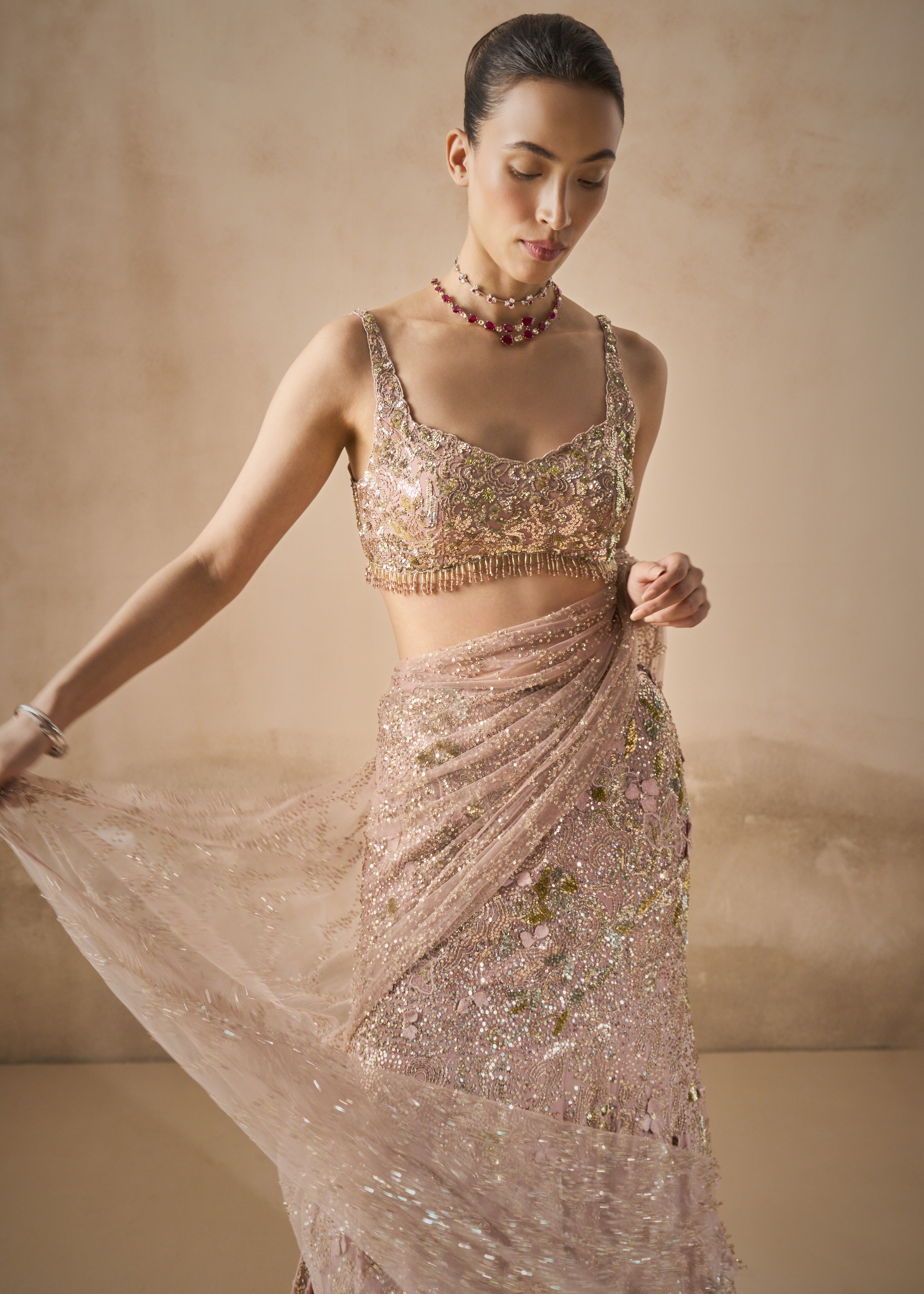 Rose Pink Georgette Sparkle Drape Lehenga Set