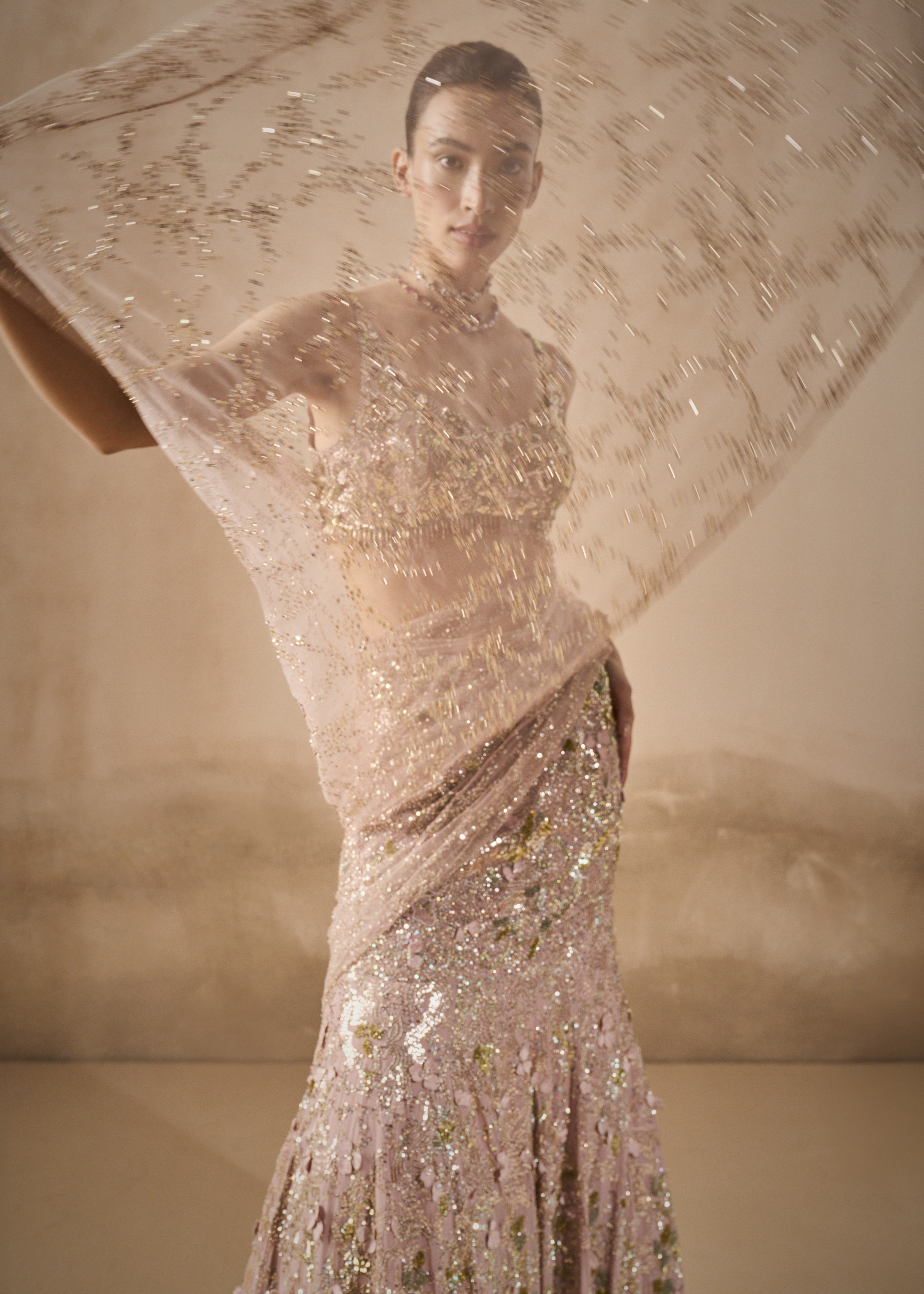 Rose Pink Georgette Sparkle Drape Lehenga Set