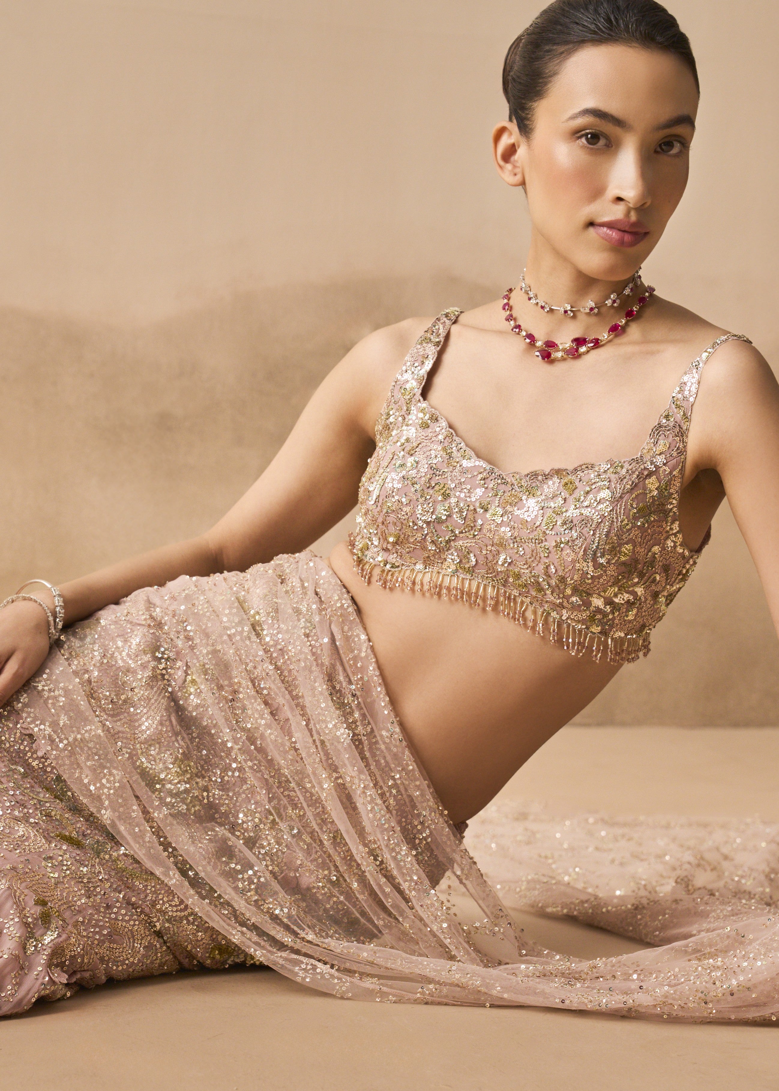 Rose Pink Georgette Sparkle Drape Lehenga Set