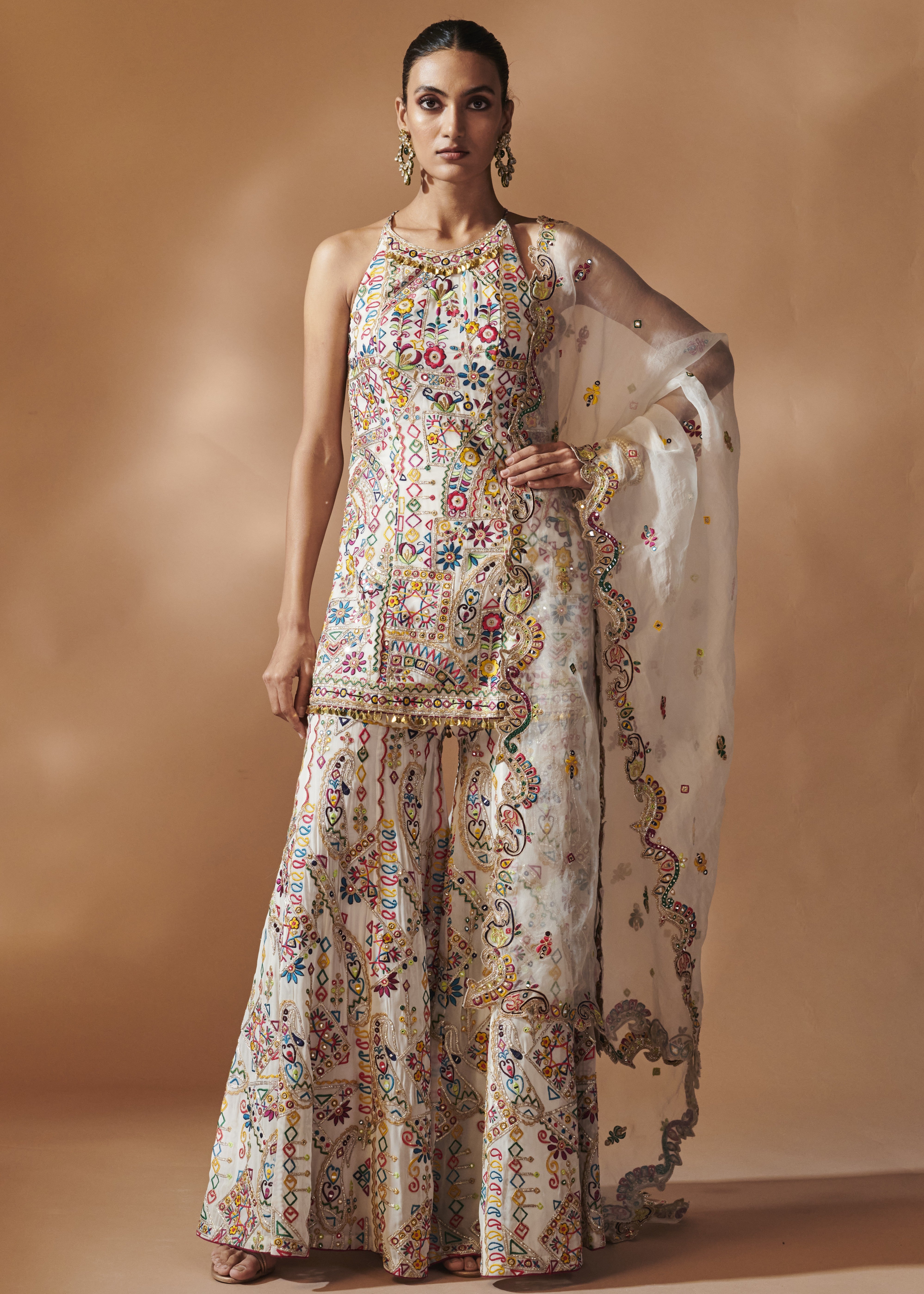 Ivory Sharara And Halter Kurta Set