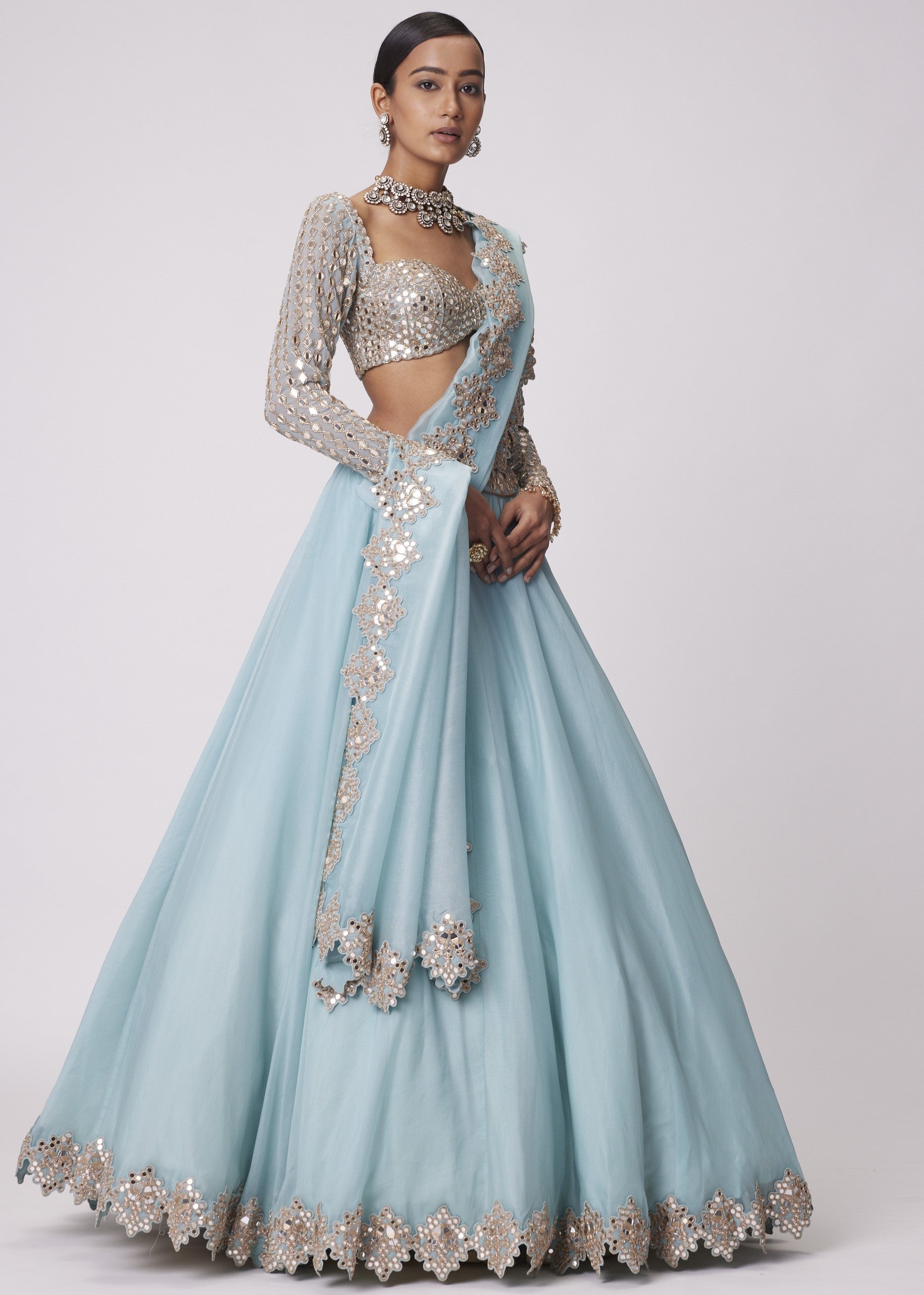 Powder Blue Organza Mirror Embroidered Lehenga Set