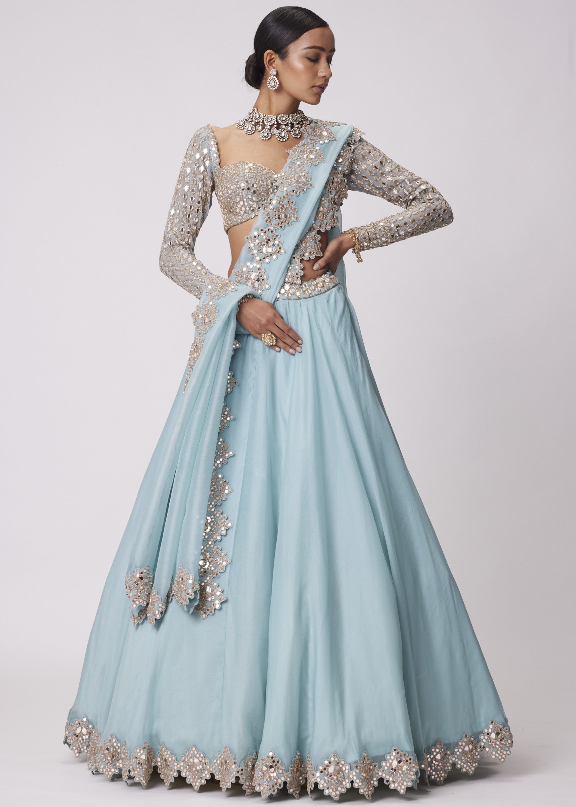 Powder Blue Organza Mirror Embroidered Lehenga Set