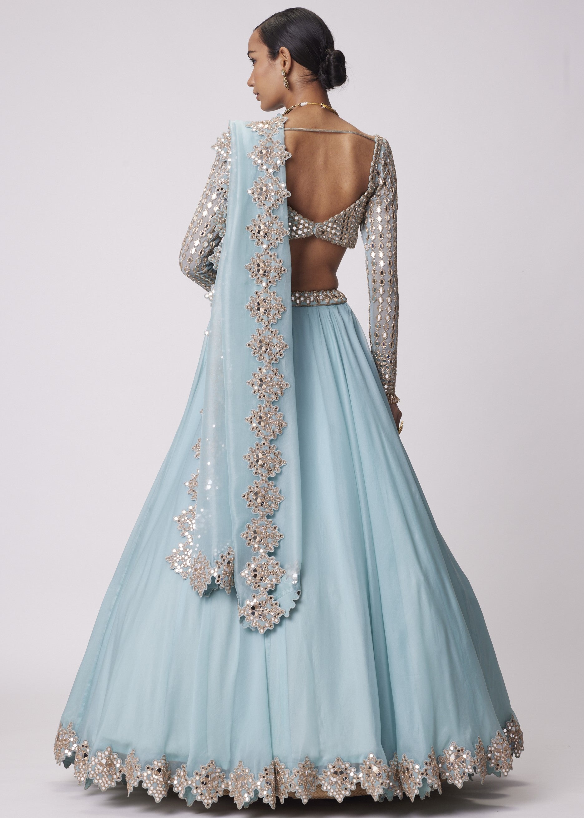 Powder Blue Organza Mirror Embroidered Lehenga Set