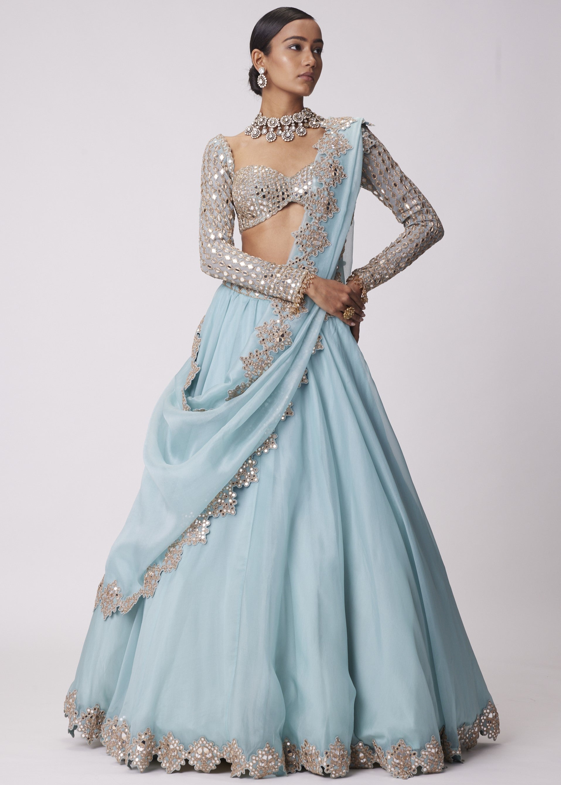 Powder Blue Organza Mirror Embroidered Lehenga Set