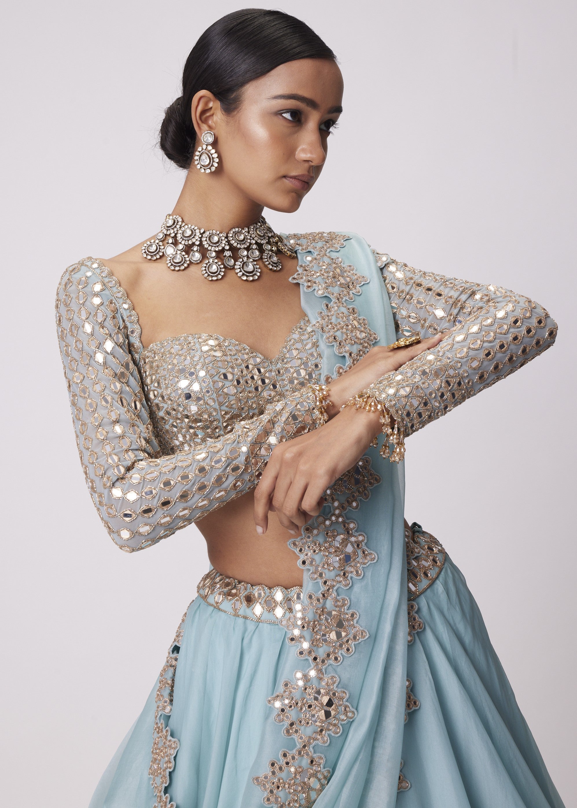 Powder Blue Organza Mirror Embroidered Lehenga Set