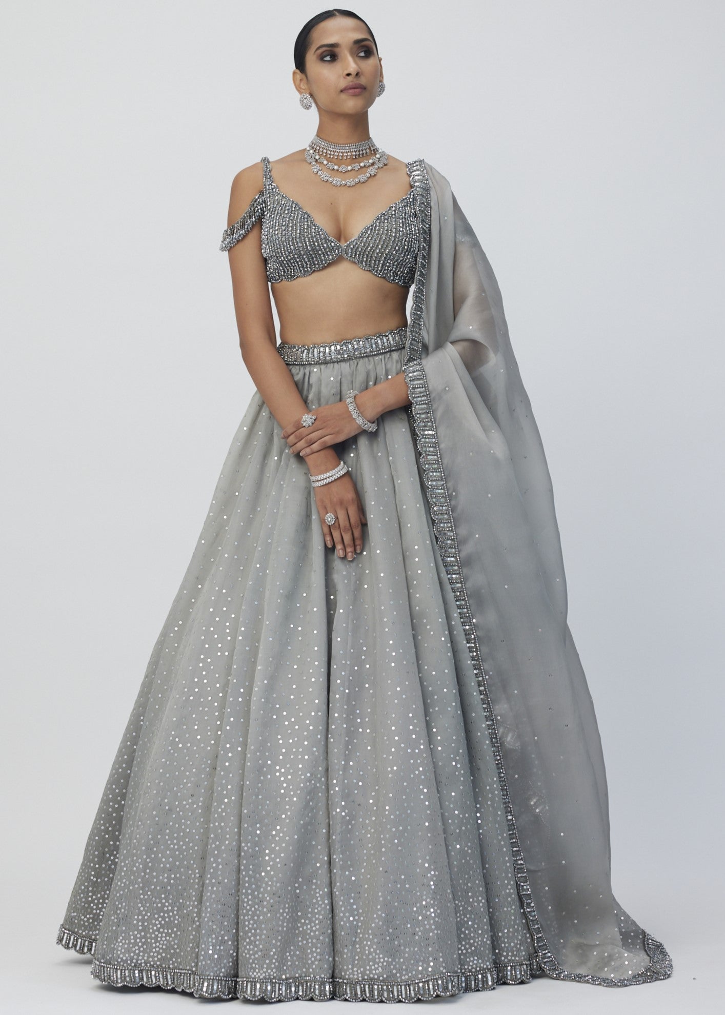 Crystal Grey Sequins Scattered Lehenga Set
