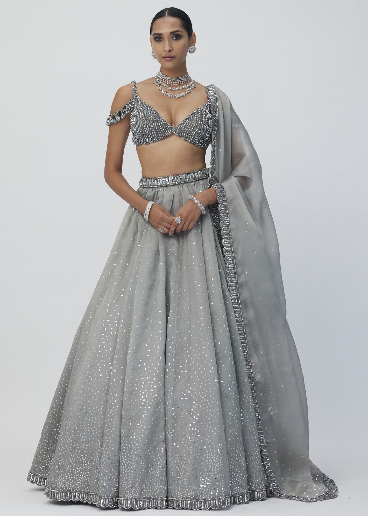 Crystal Grey Sequins Scattered Lehenga Set
