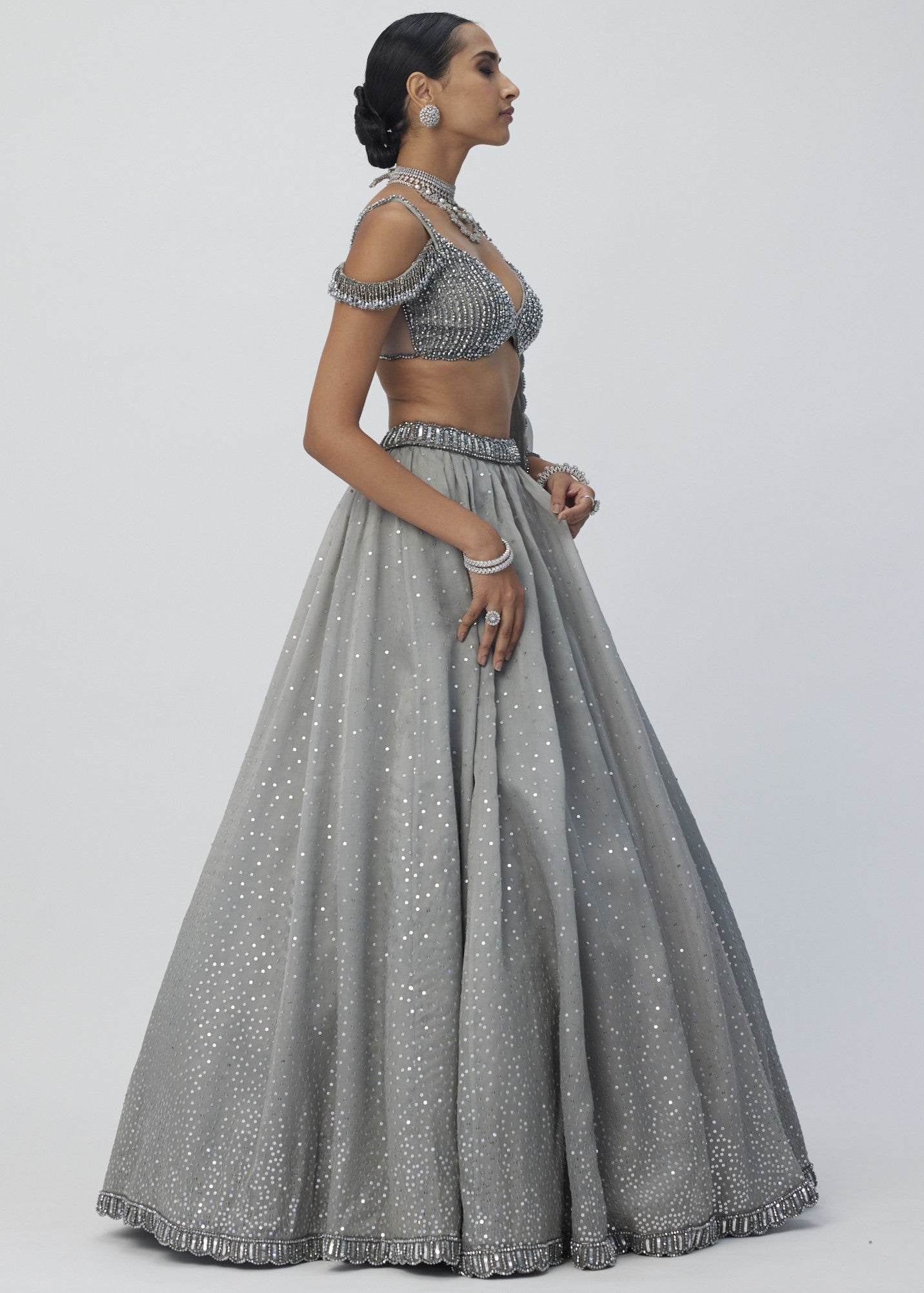 Crystal Grey Sequins Scattered Lehenga Set