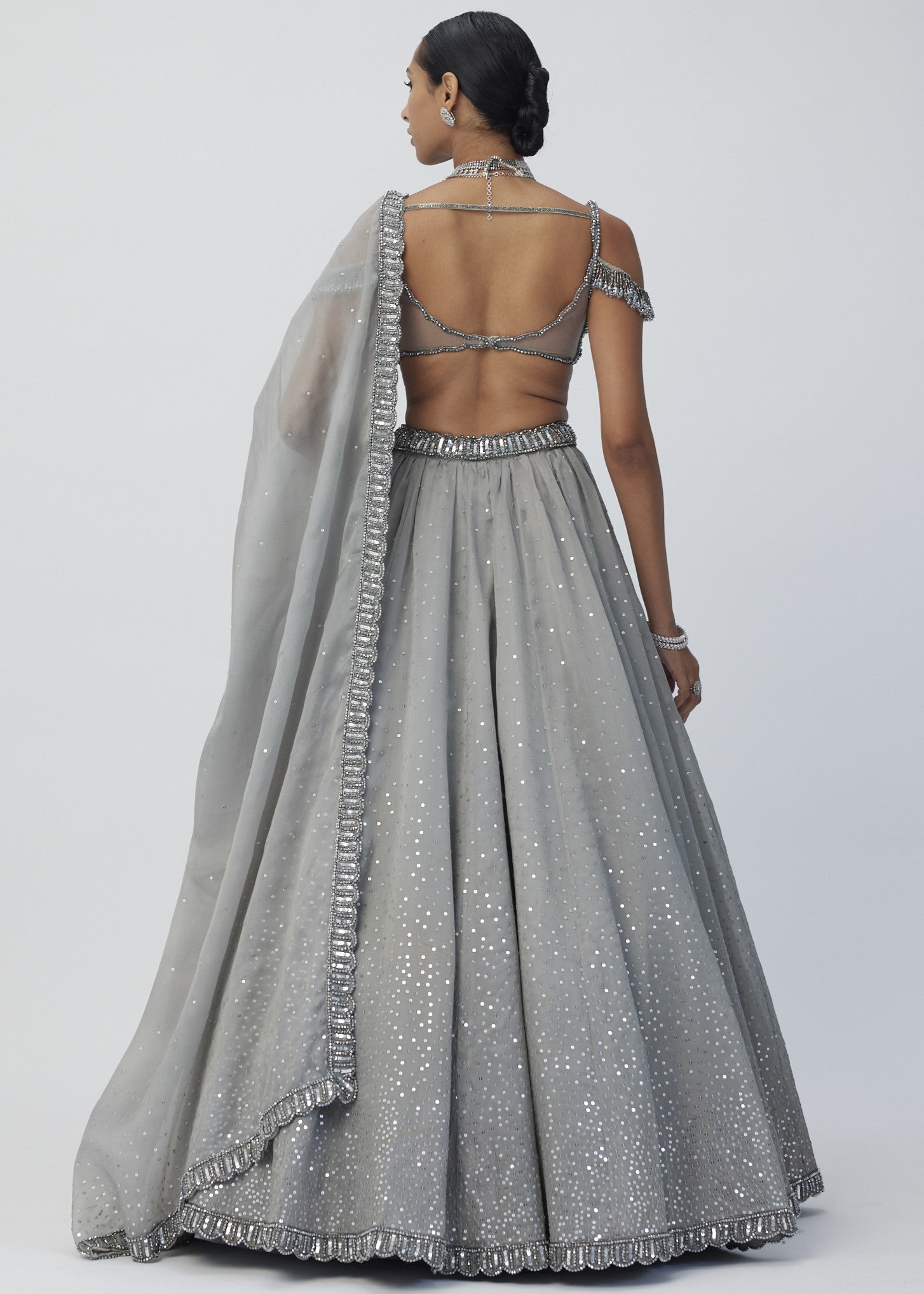 Crystal Grey Sequins Scattered Lehenga Set