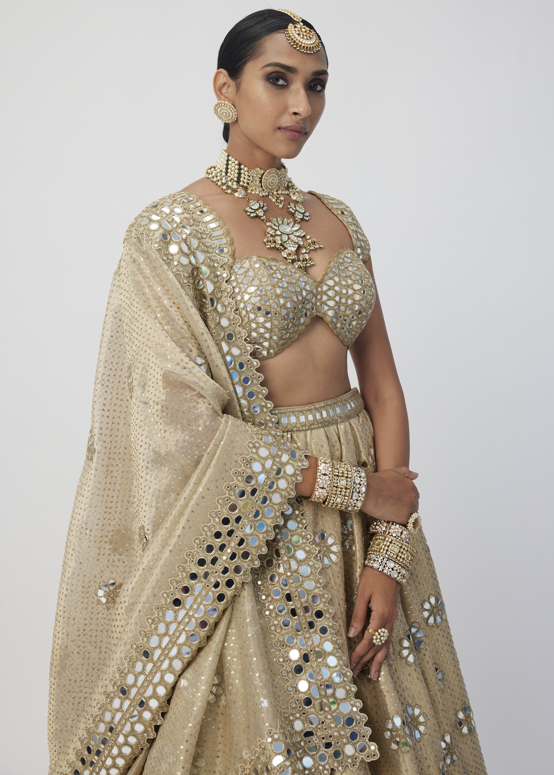 Golden Shimmer Organza Flower Lehenga Set